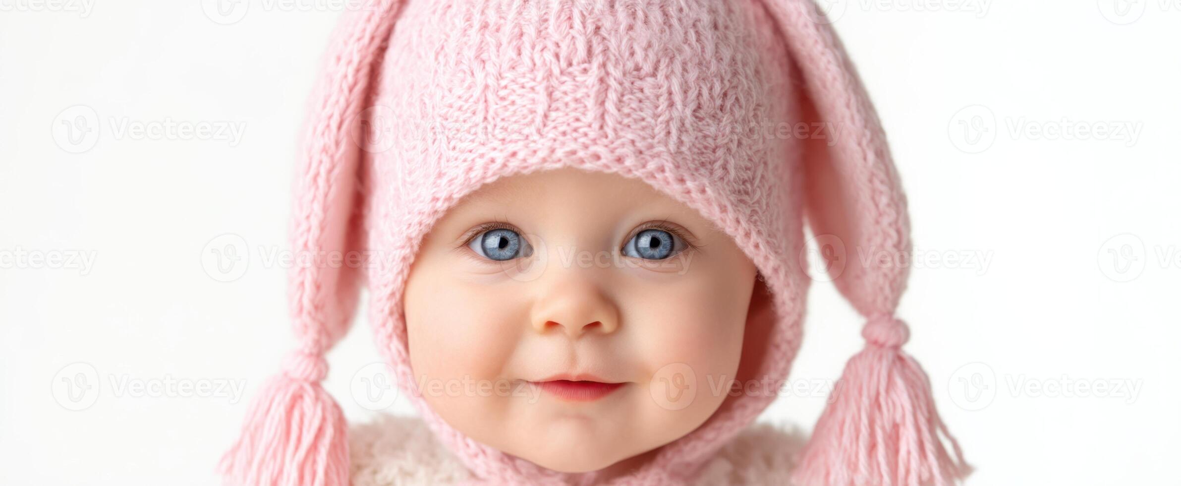 The adorable baby wearing a fluffy pink bunny hat with big ears photo