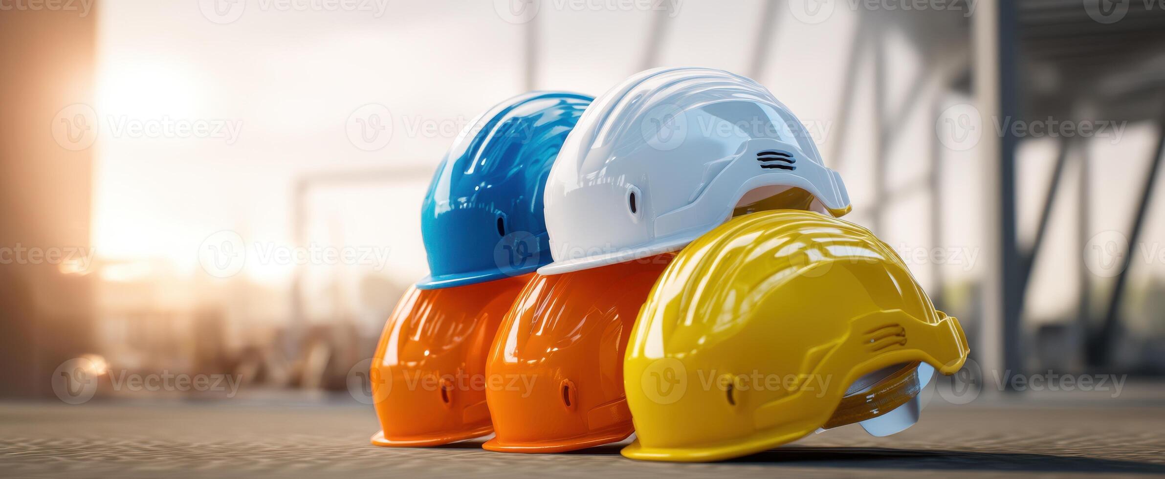 The colorful collection of safety helmets in a construction environment. photo