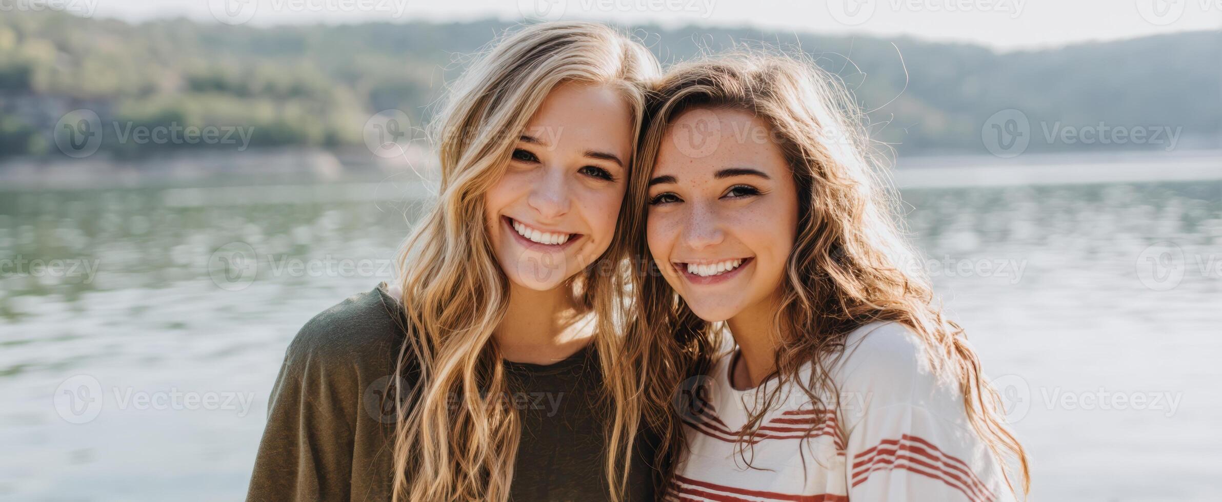 The Two Friends Enjoying a Sunny Day by the Serene Lake photo