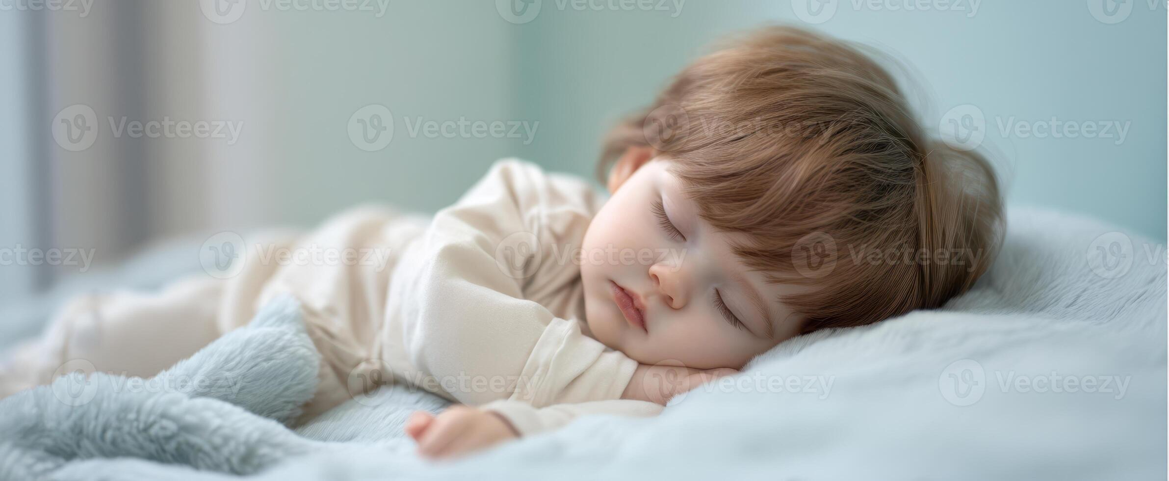 The sleeping baby peacefully napping on a soft blanket in serene surroundings. photo
