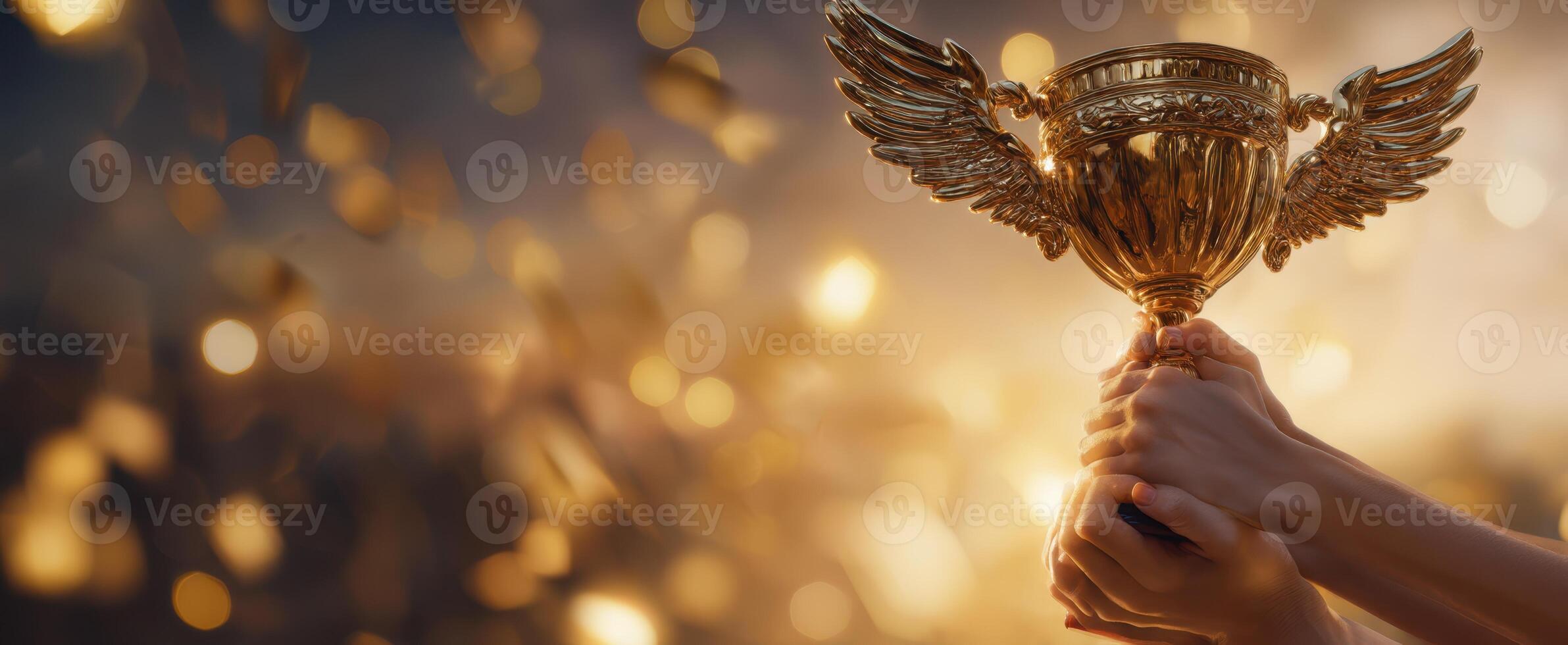 The trophy held aloft celebrates victory and achievement with gleaming wings. photo