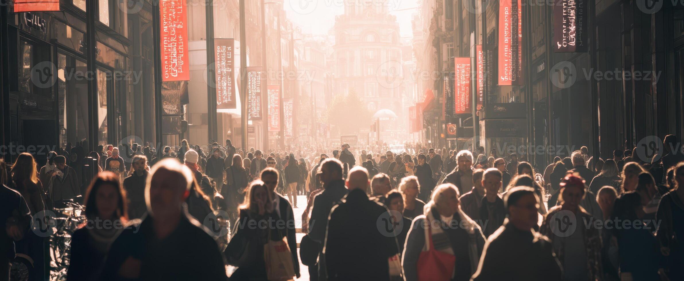The bustling street filled with people enjoying a sunny urban afternoon. photo