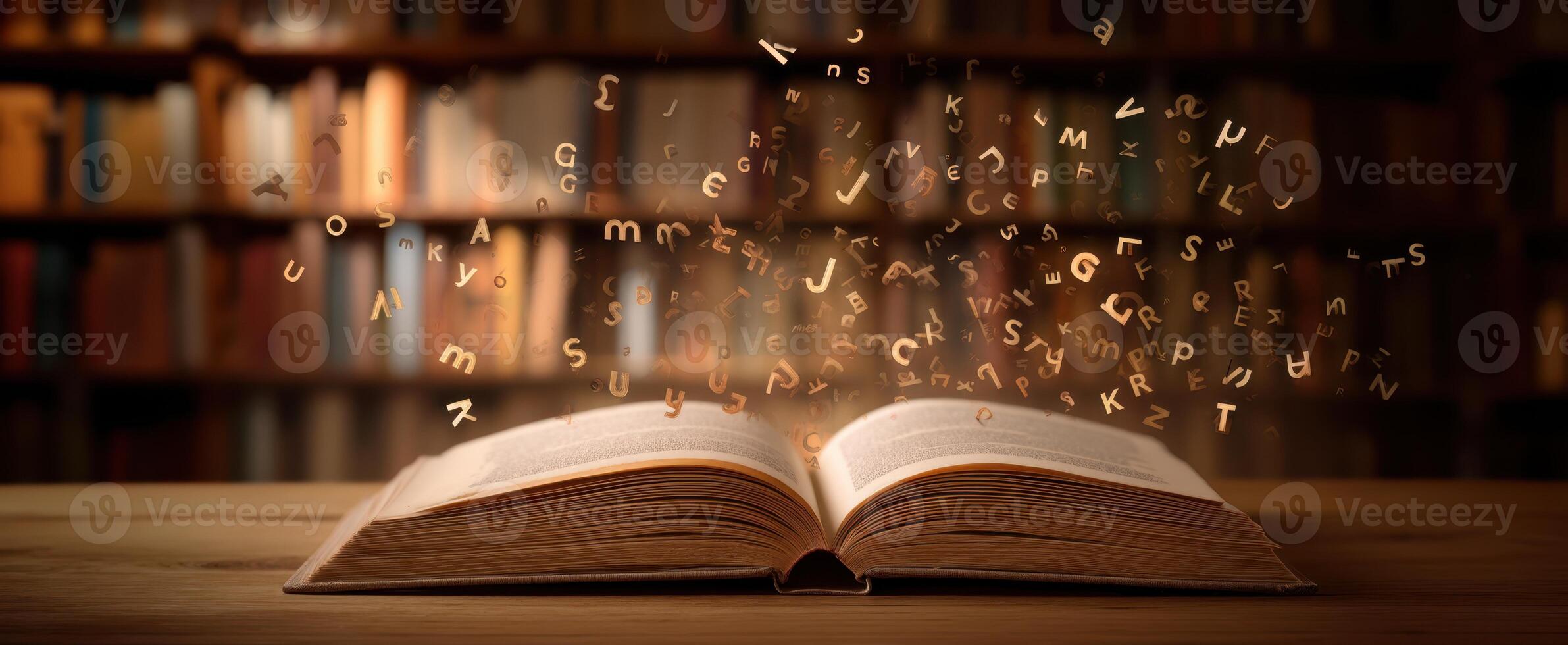 The book surrounded by magical floating letters in a cozy library setting. photo