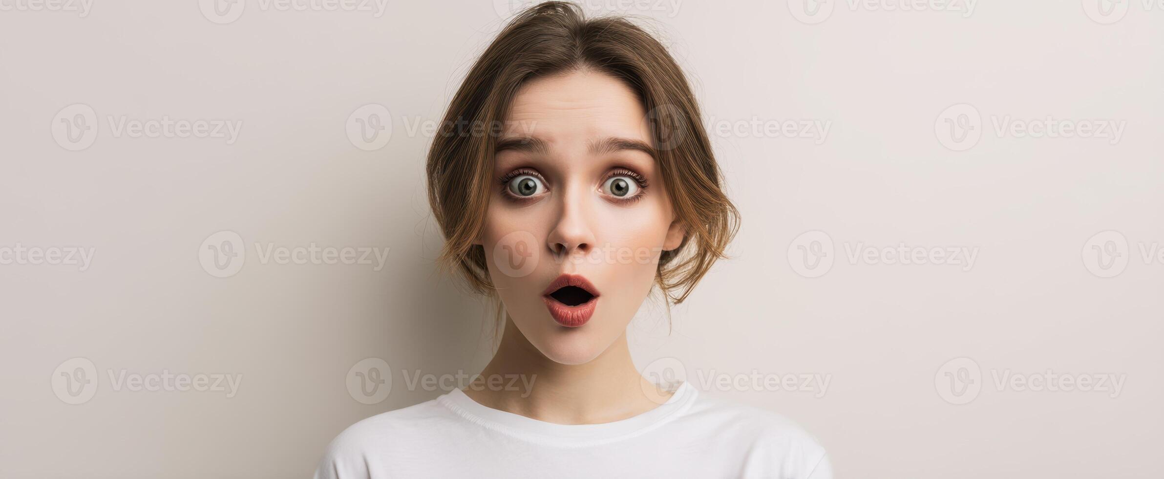 The woman expressing surprise and astonishment with an open mouth. photo