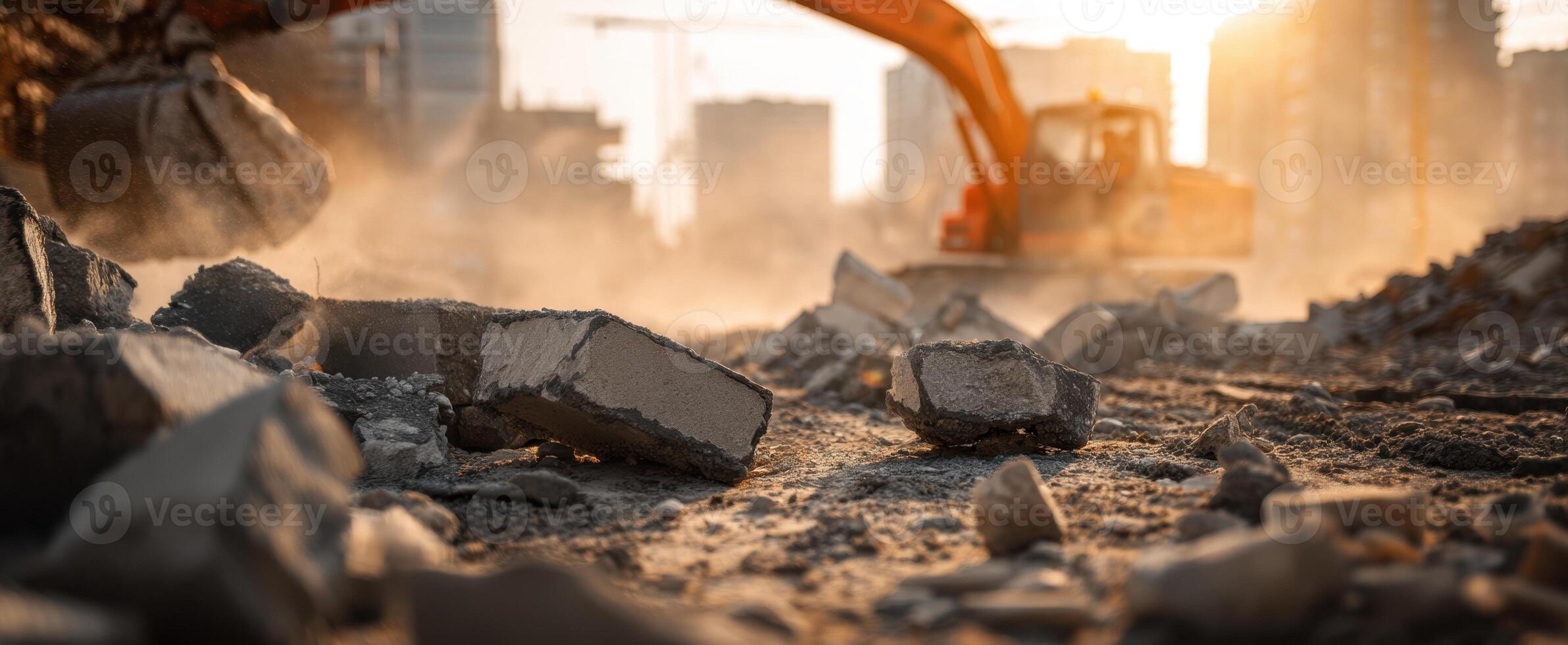 The excavator working on a demolition site at sunset amidst dust and rubble. photo