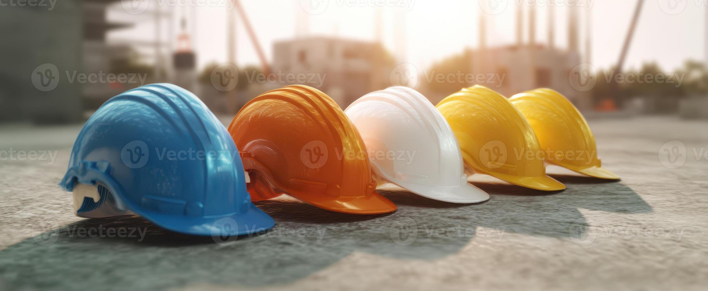 The vibrant array of construction helmets ready for work at a job site. photo
