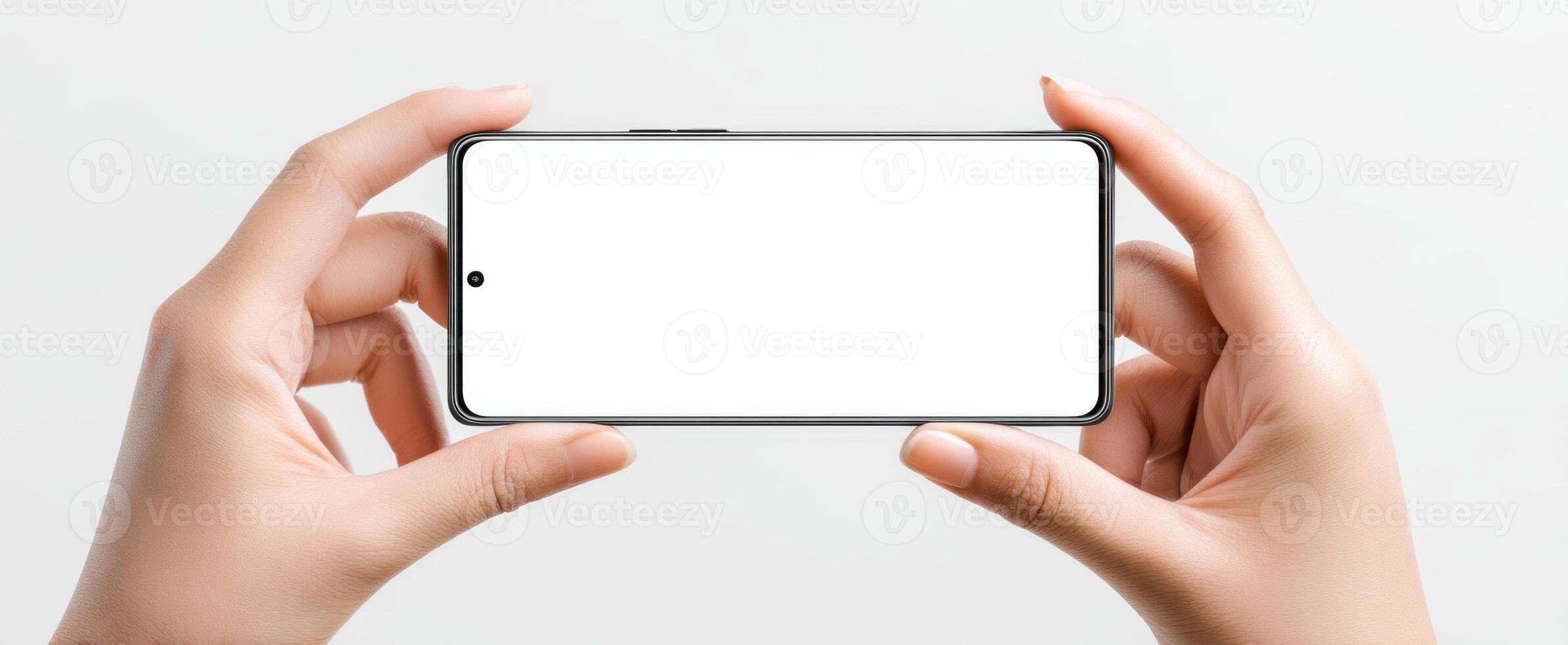 The smartphone held in hands displaying a blank screen ready for customization. photo