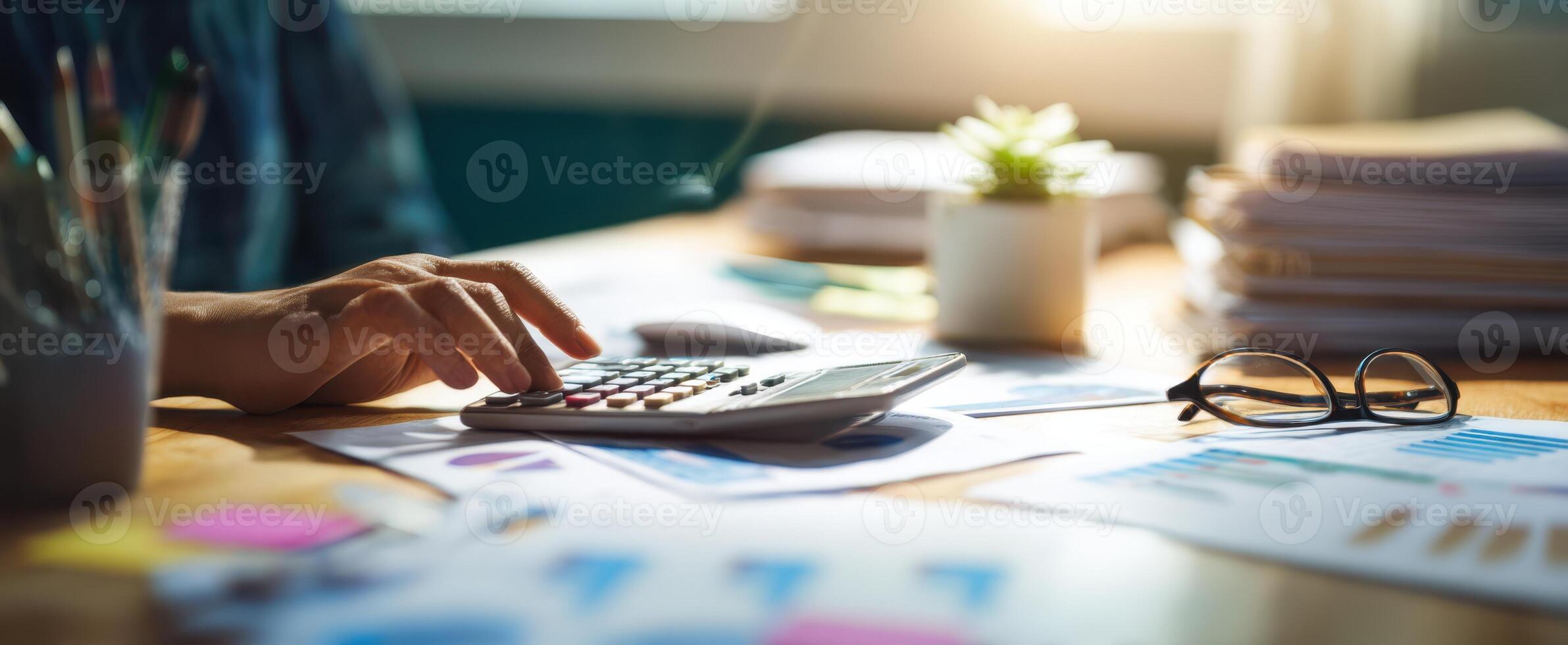 The calculator and documents on a professional workspace with soft morning light photo