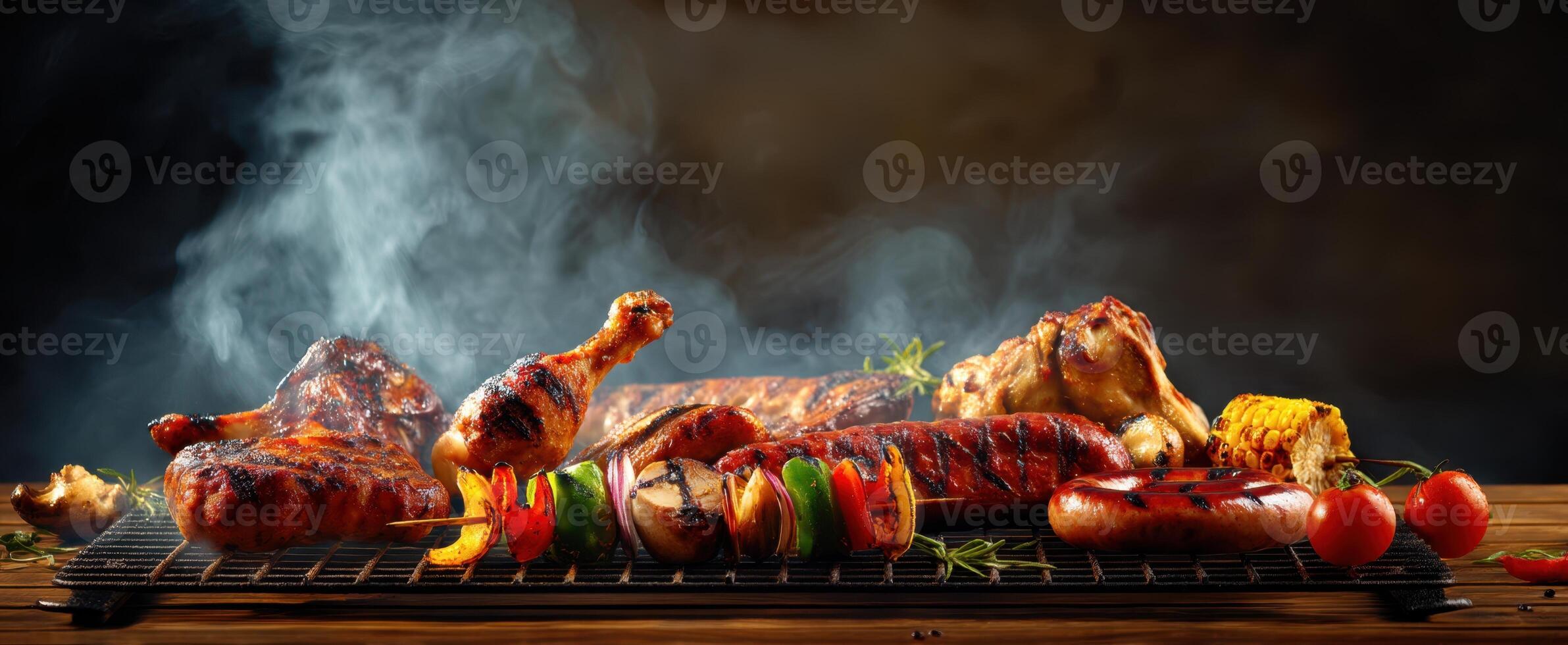 The tantalizing assortment of barbecued meats and grilled vegetables on a smoke-filled grill. photo