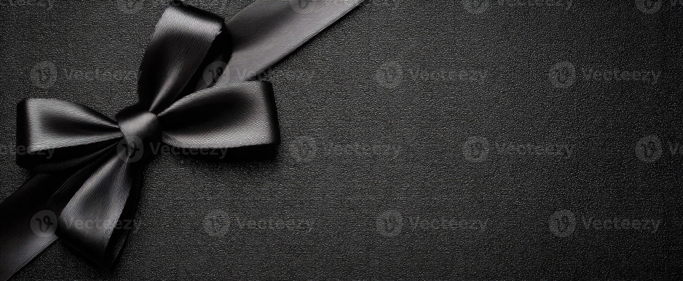 The elegant black ribbon bow on a dark textured background. photo