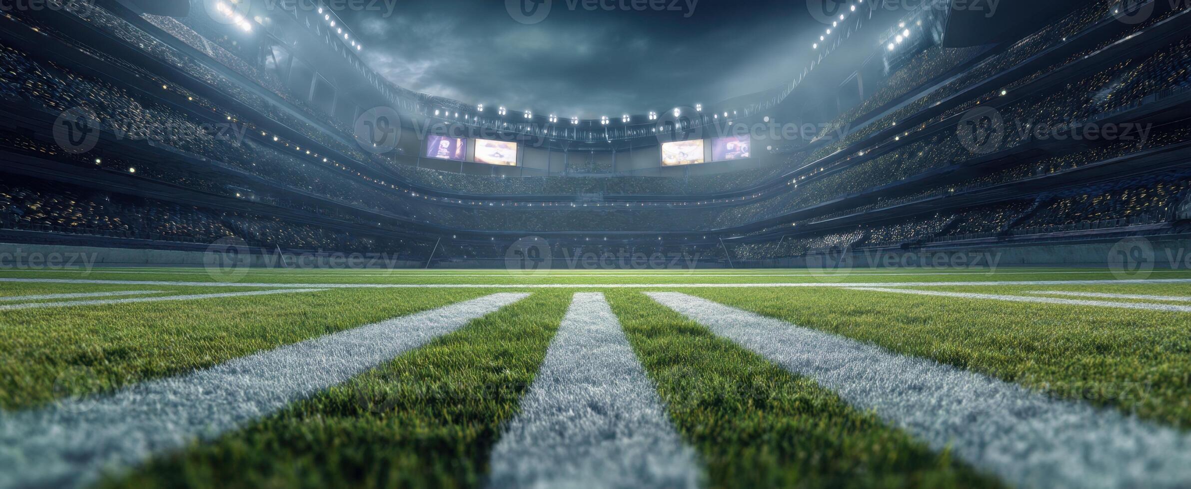 The empty stadium with grass field under dramatic lighting and modern design. photo