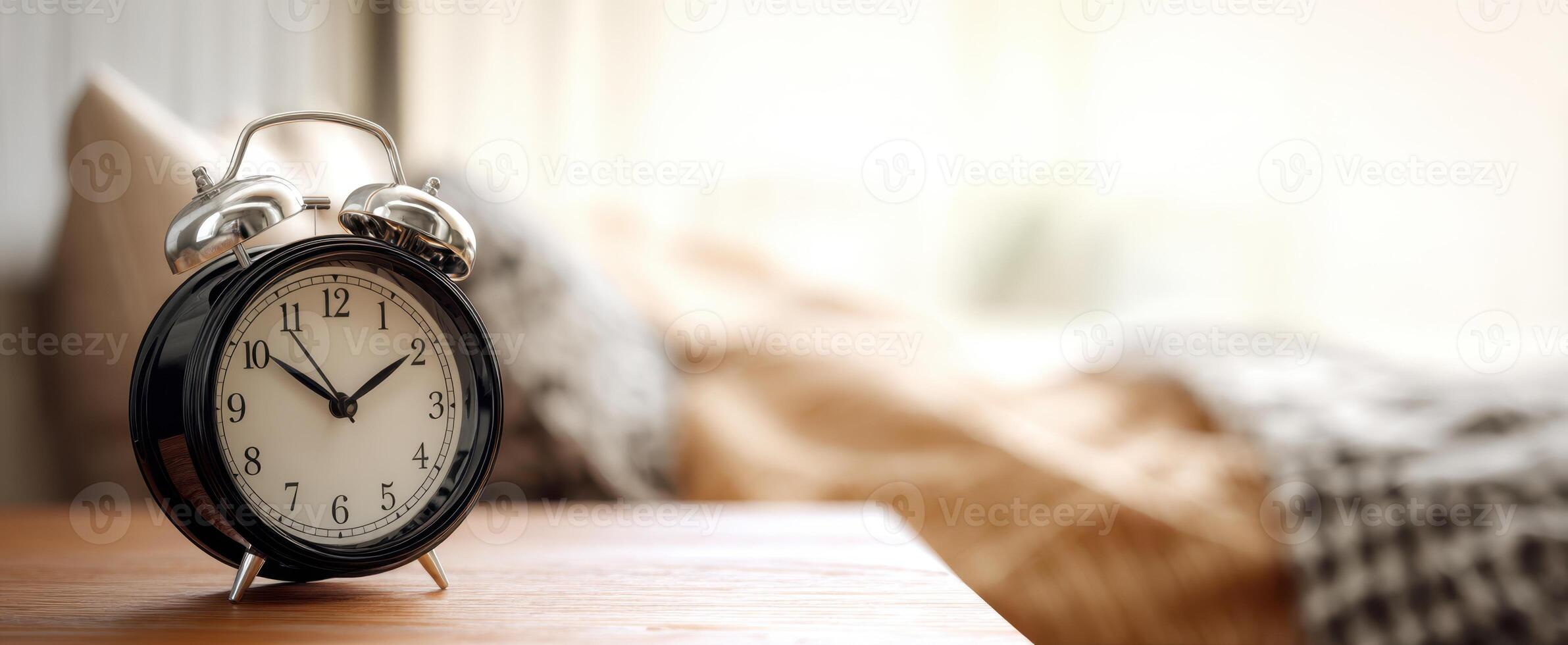 The vintage alarm clock on a bedside table in a cozy bedroom setting. photo