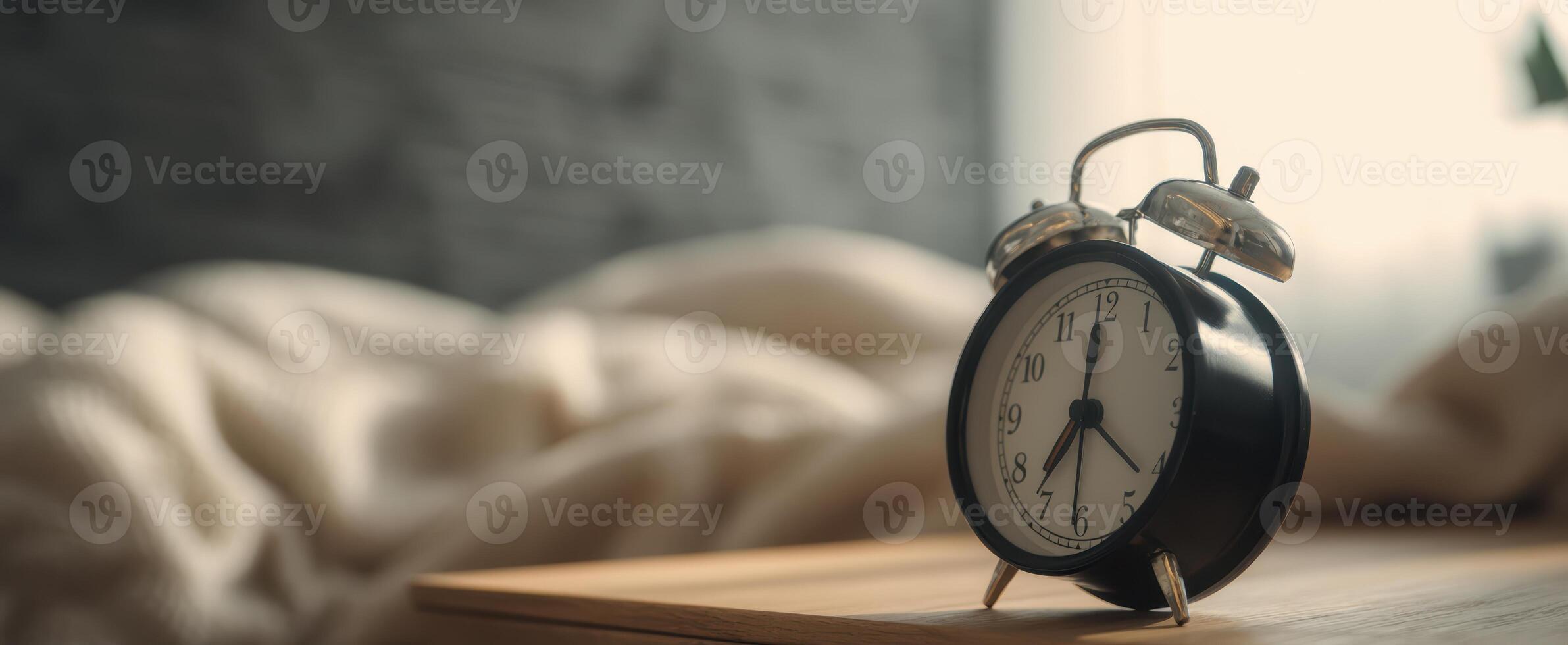 The Classic Alarm Clock on a Wooden Nightstand in a Cozy Bedroom photo