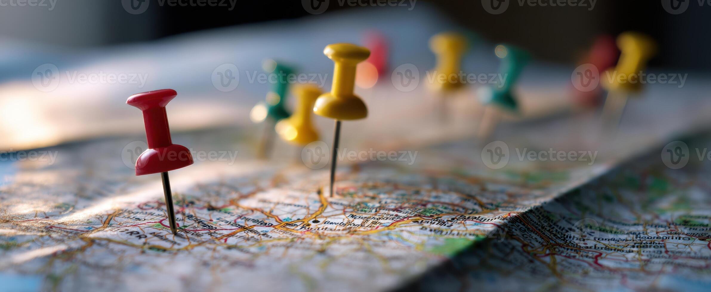 The colorful push pins marking important locations on a detailed map. photo
