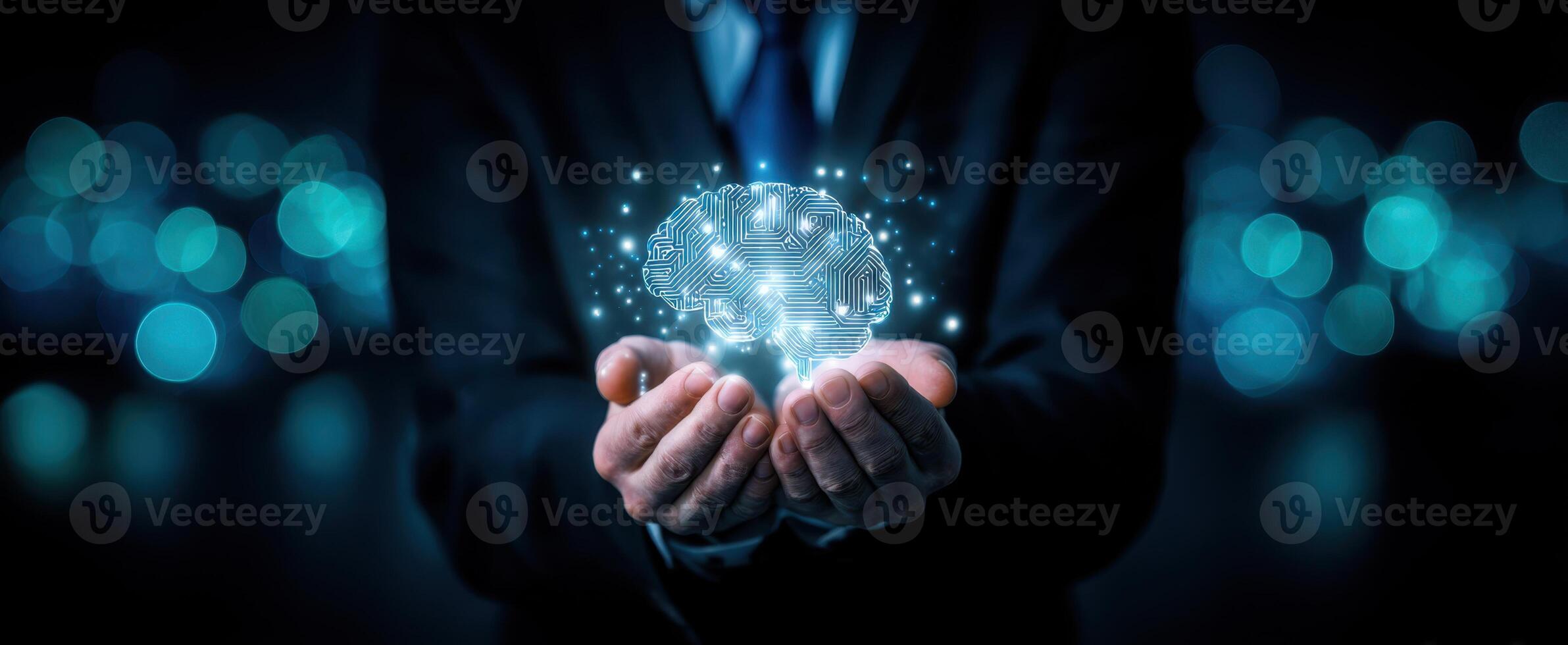 The Digital Brain Represented in Hands with Abstract Light Effects photo