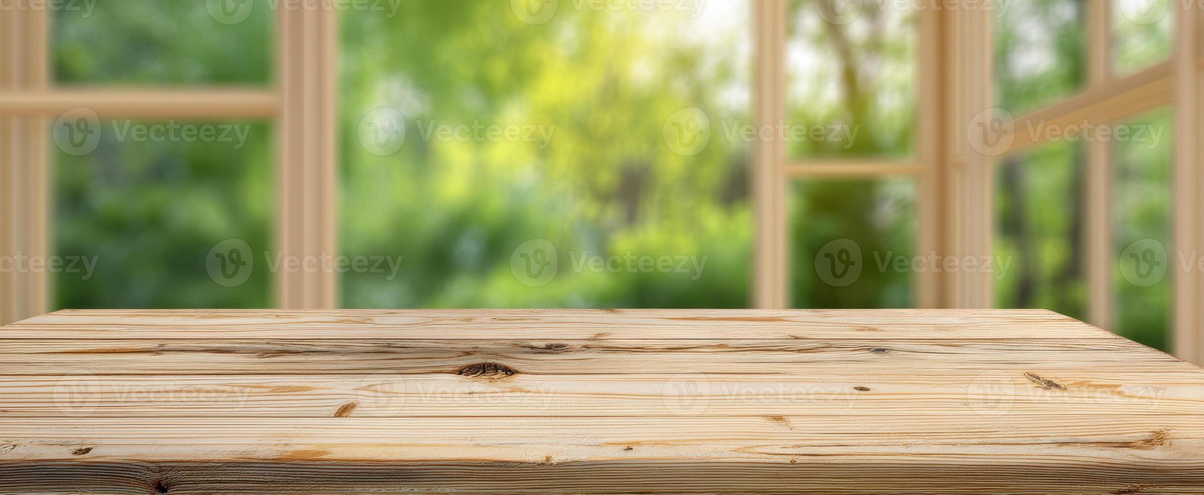 The Wooden Table with a Beautiful Nature Background in Soft Focus photo