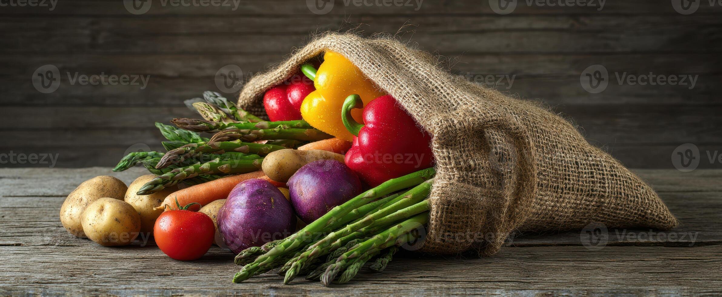 The vibrant assortment of fresh vegetables spilling from a burlap sack photo