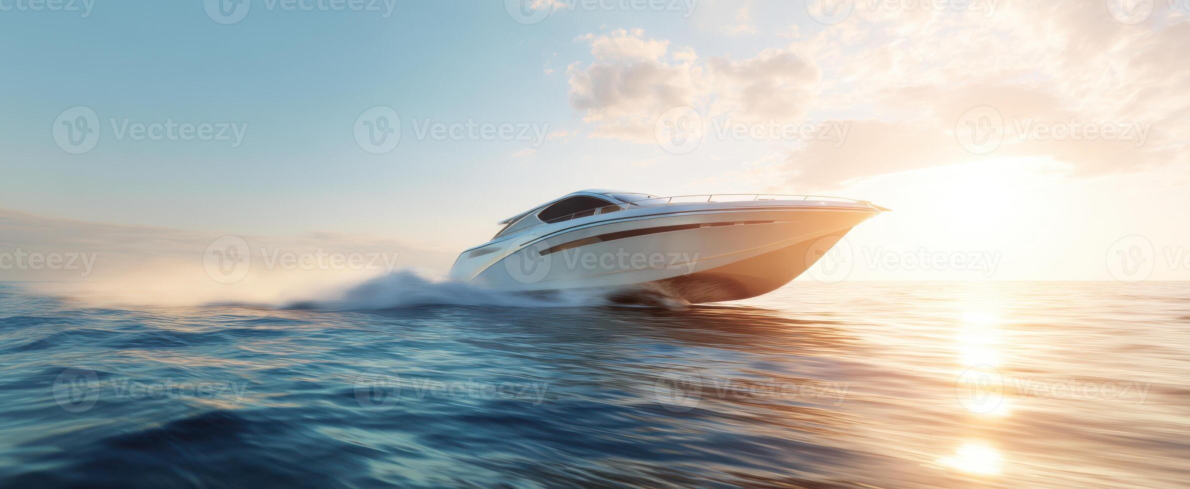 The sleek boat gliding across the calm ocean at sunset. photo