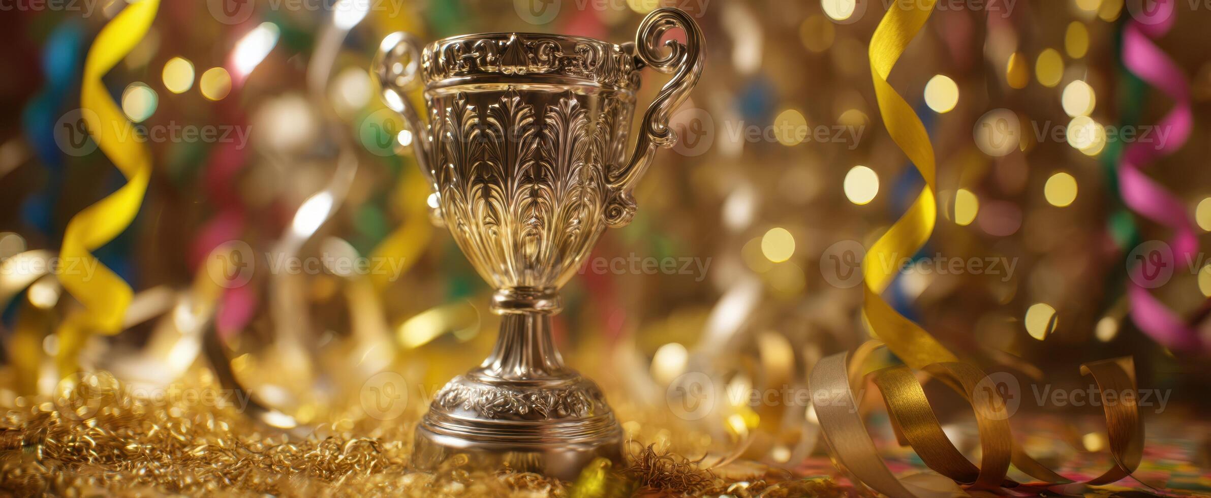 The ornate trophy gleaming amidst a festive celebration backdrop. photo