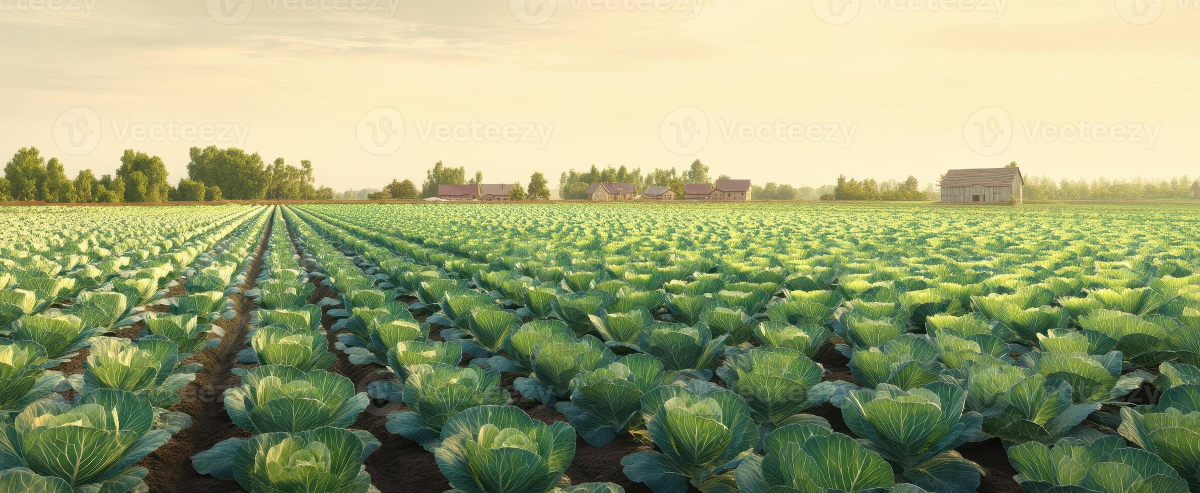 The Expansive Cabbage Field Under a Golden Sunrise Horizon photo