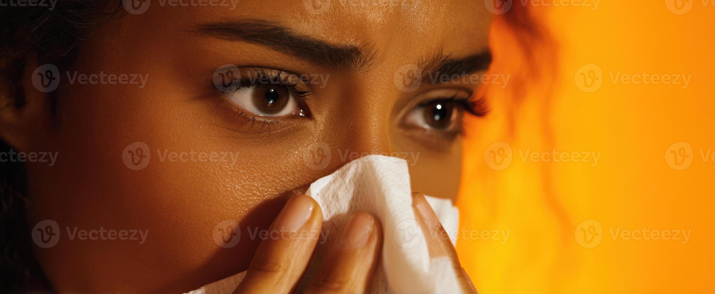 The woman holding a tissue conveys deep emotions in a warm setting. photo