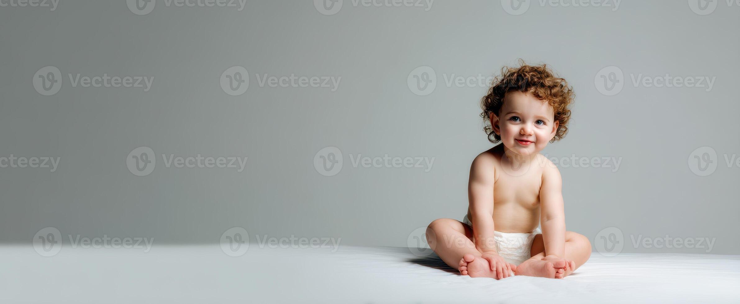 The adorable baby sitting on a soft surface with a joyful expression. photo