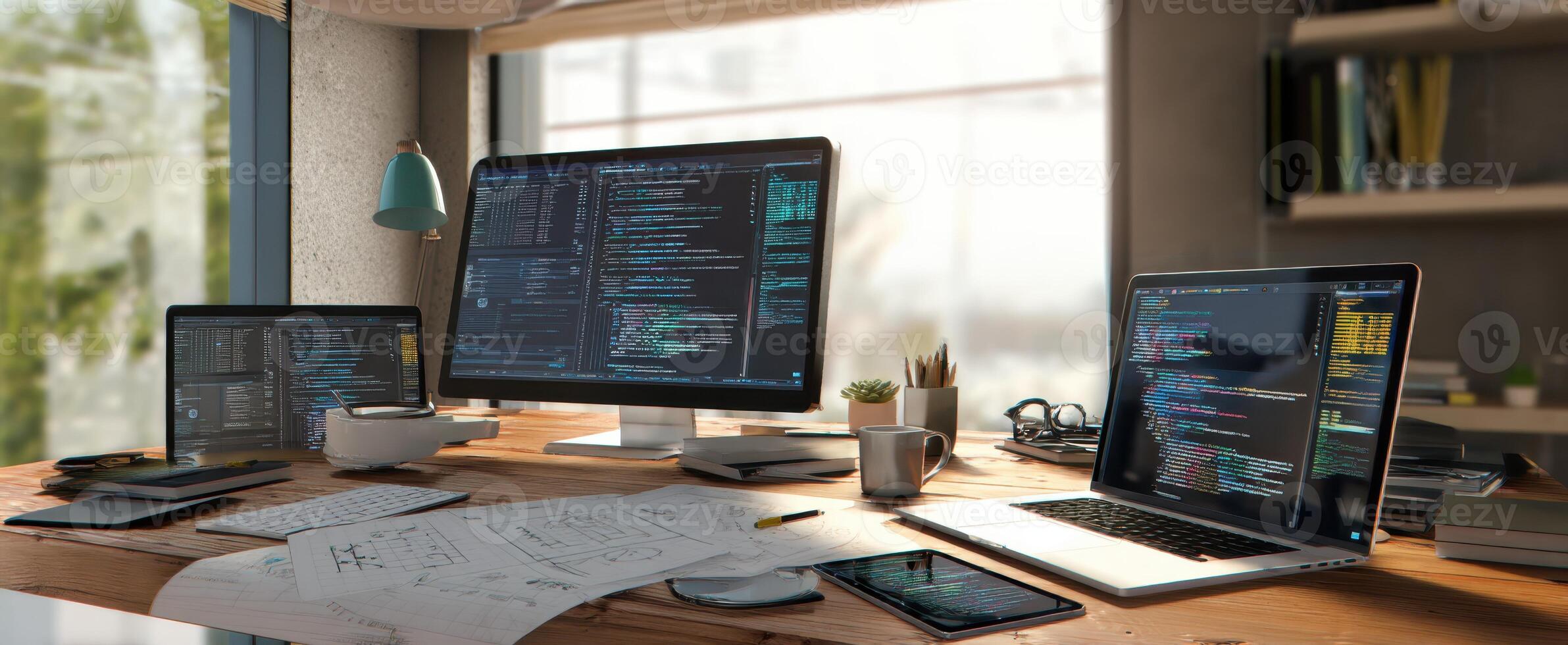 The modern workspace featuring multiple screens for coding and design activities. photo