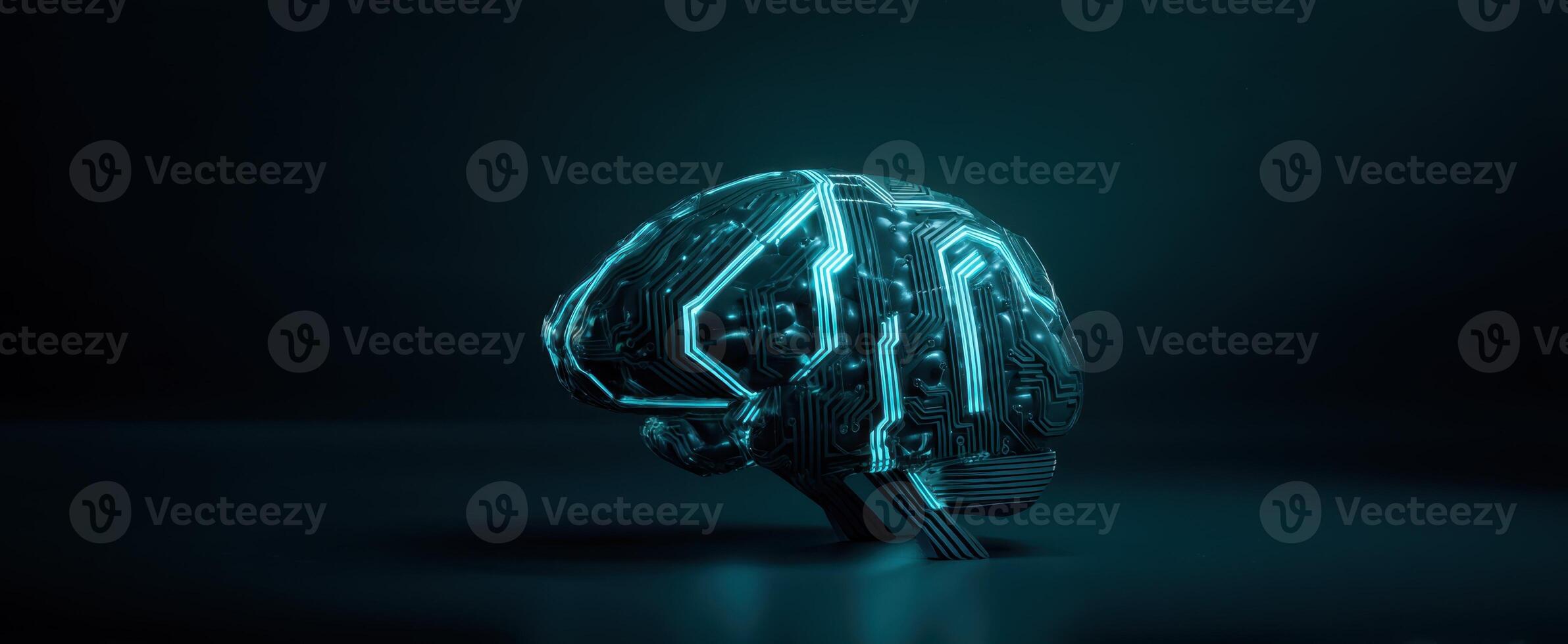The futuristic brain with circuit design in glowing neon colors. photo