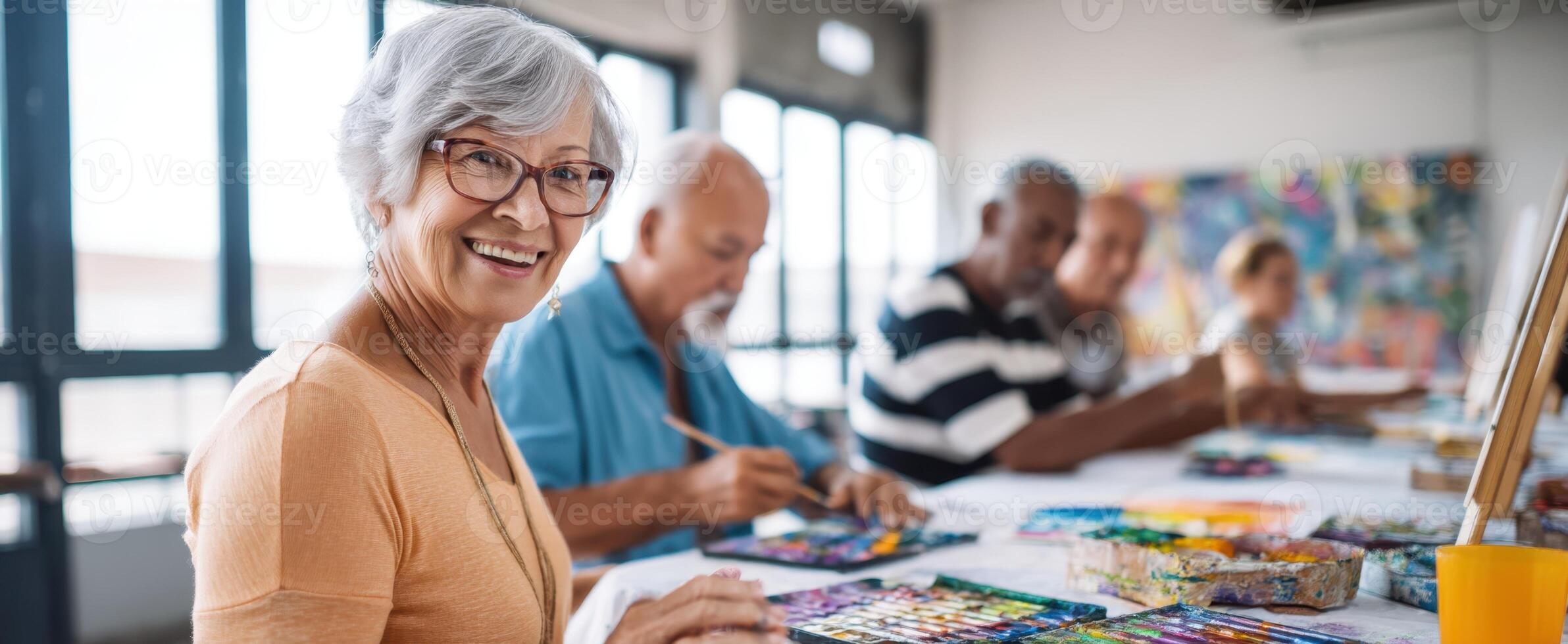 The joyful artist sharing creativity in a vibrant painting workshop. photo