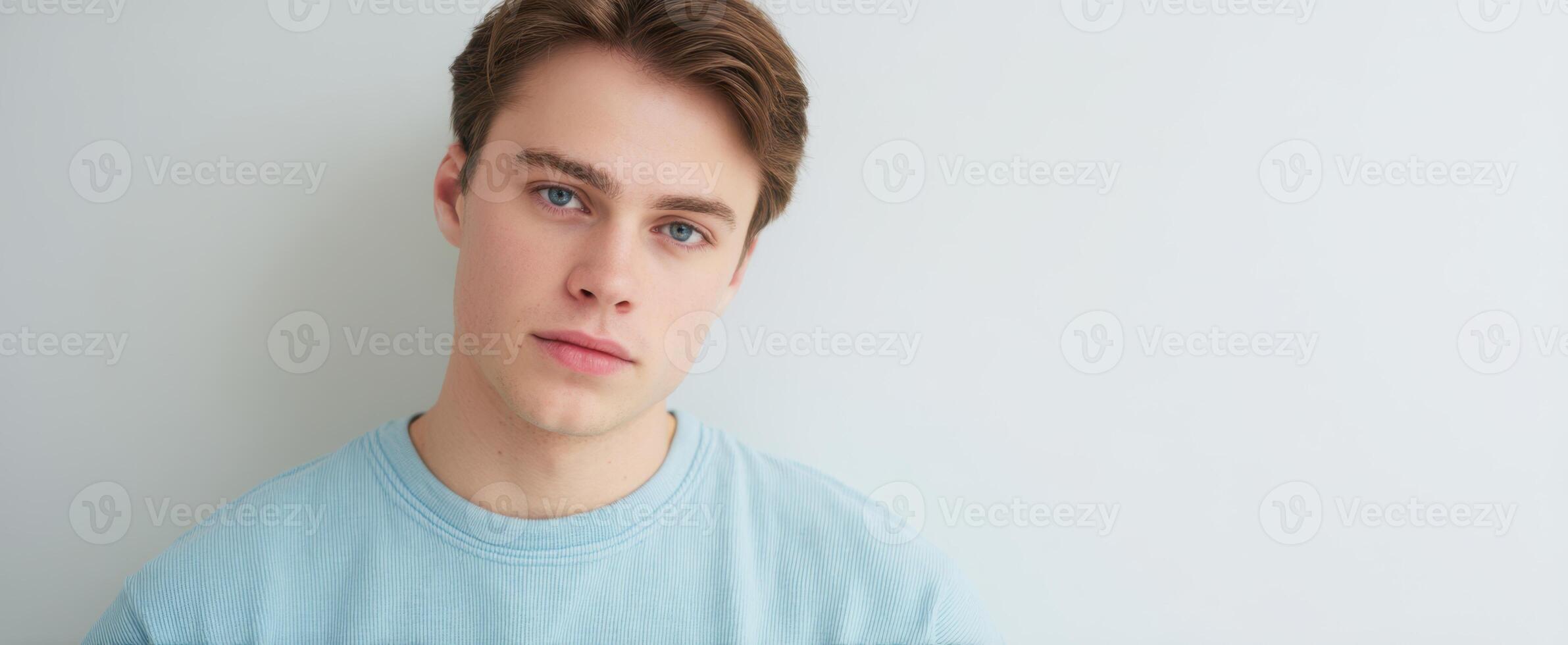 The young man with a contemplative expression in a casual setting. photo
