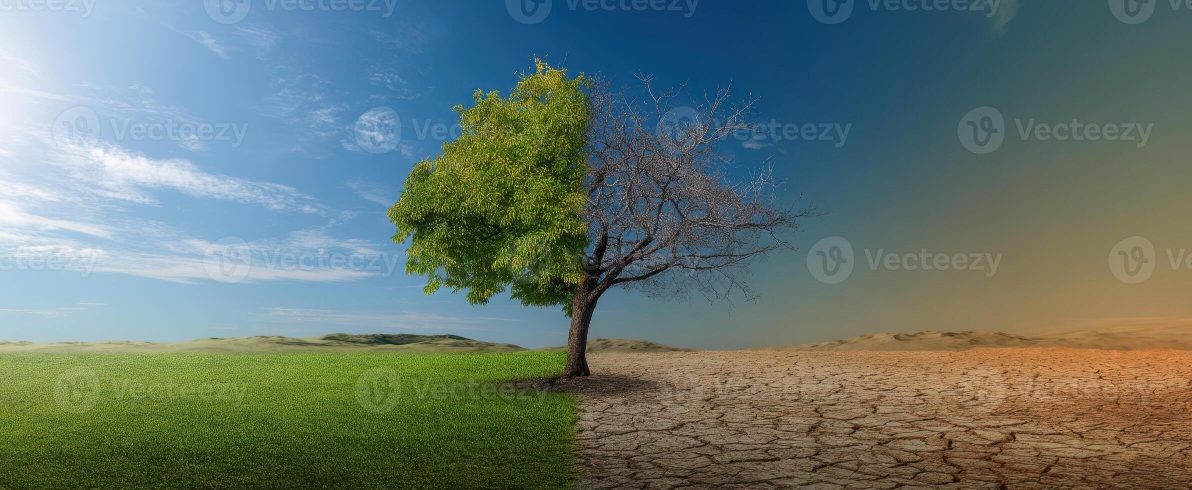 The striking contrast of a thriving tree and a barren landscape in climate change. photo