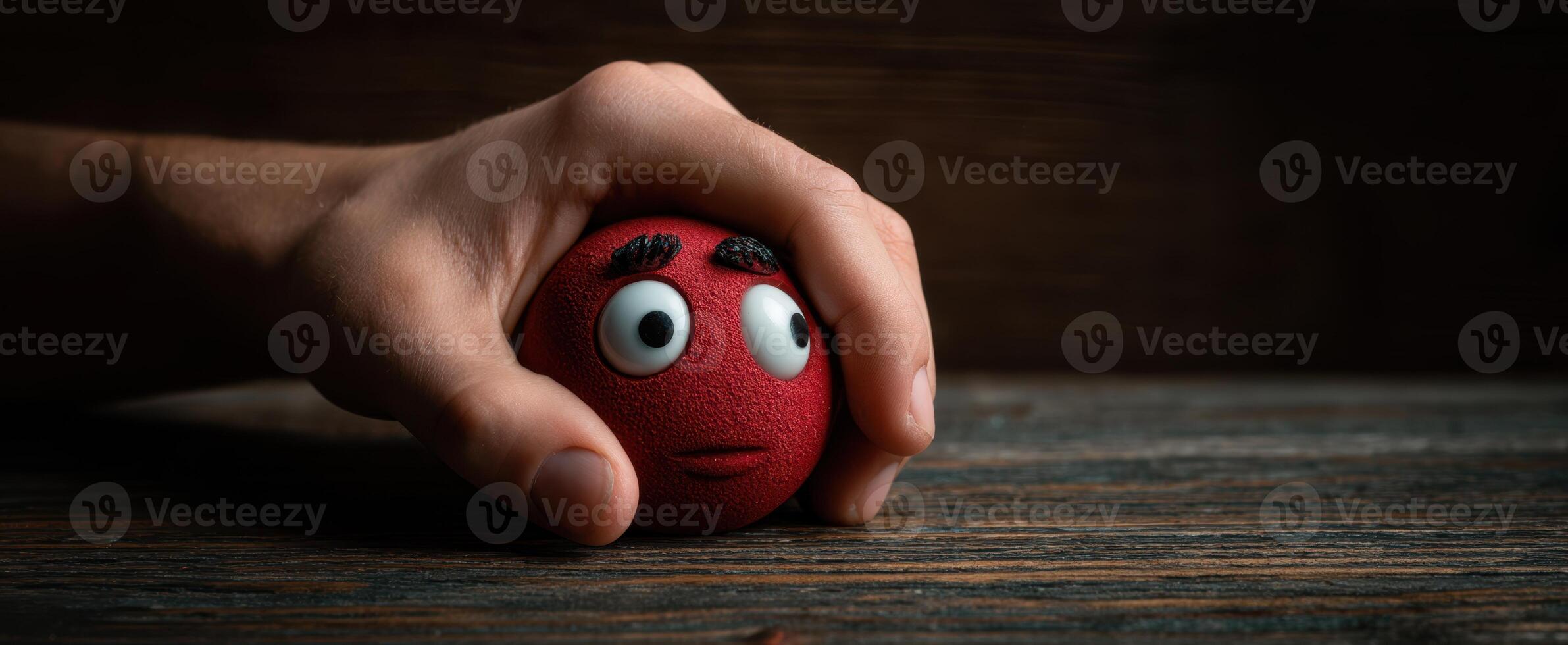 The playful red ball being held by a hand with a surprised expression. photo