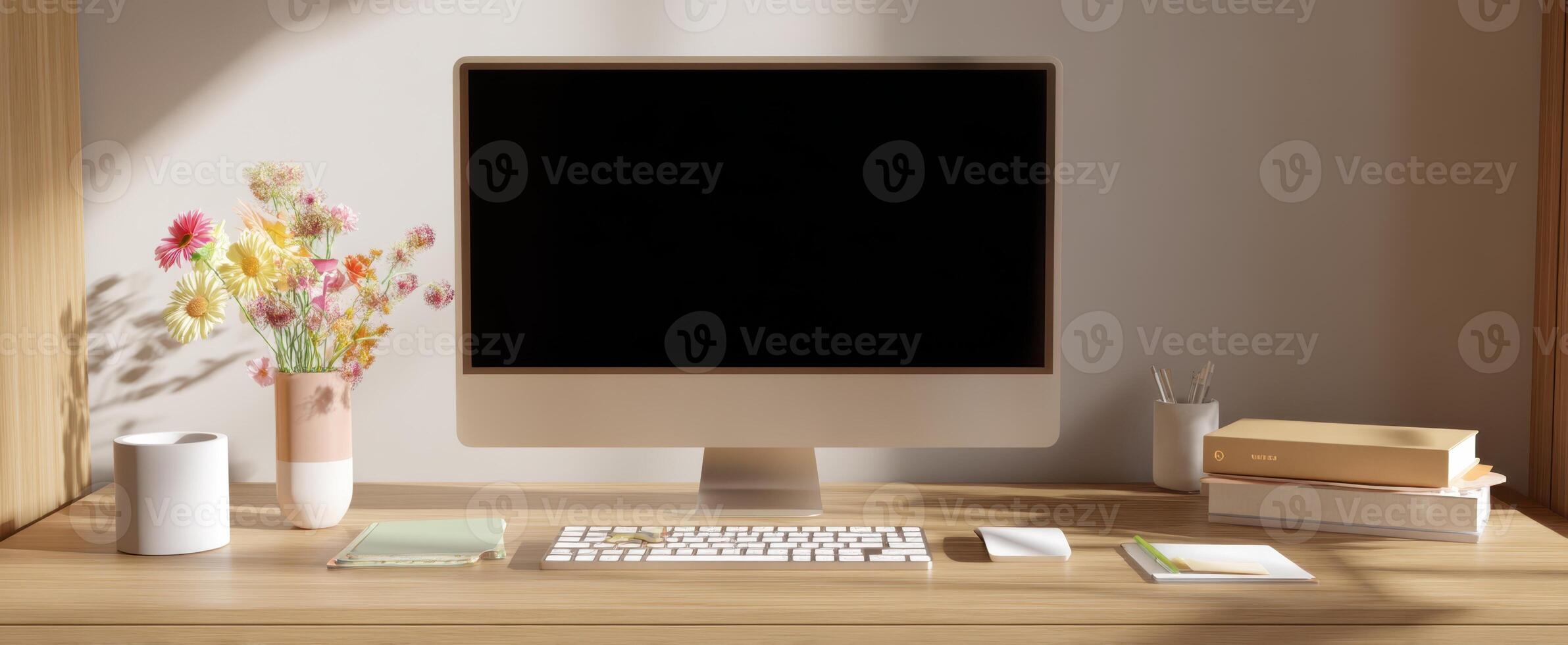 The elegant workspace featuring a modern computer and stylish decor elements. photo