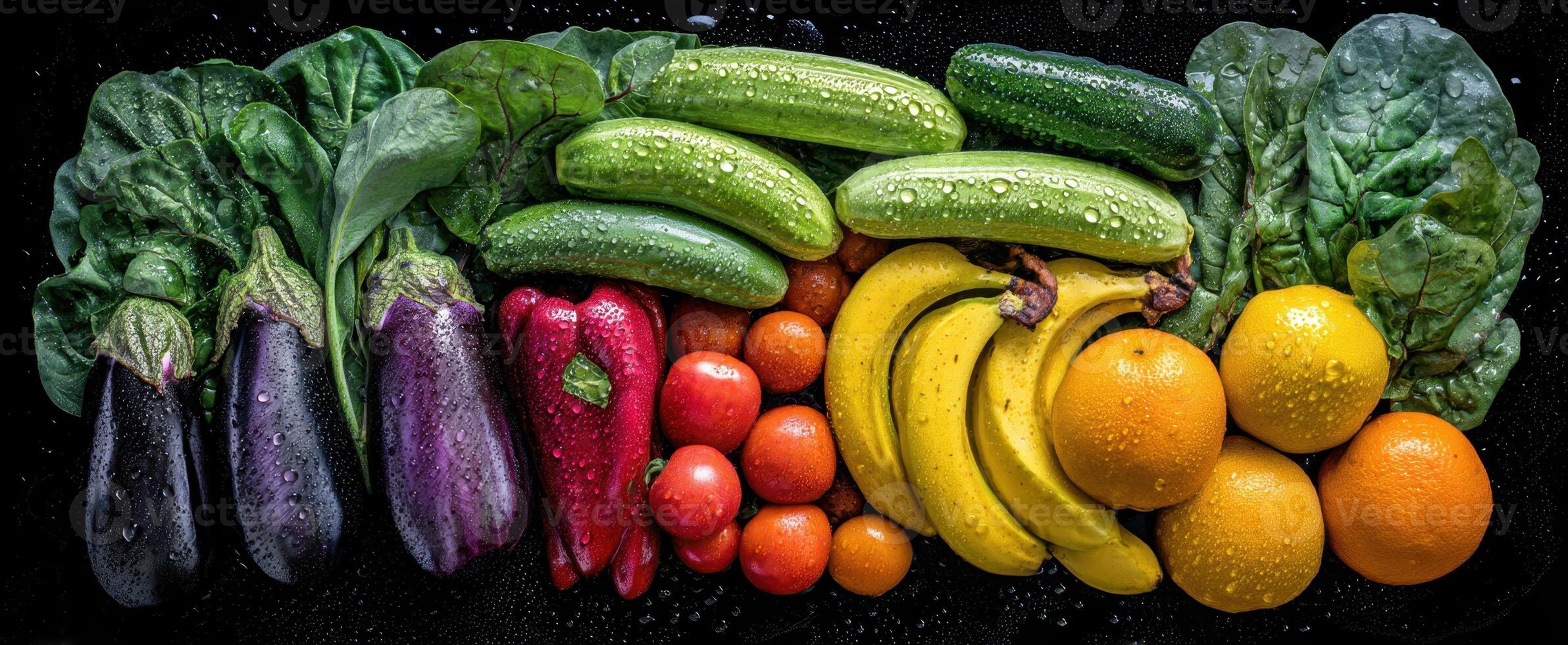 The vibrant arrangement of fresh vegetables and fruits on a black background. photo