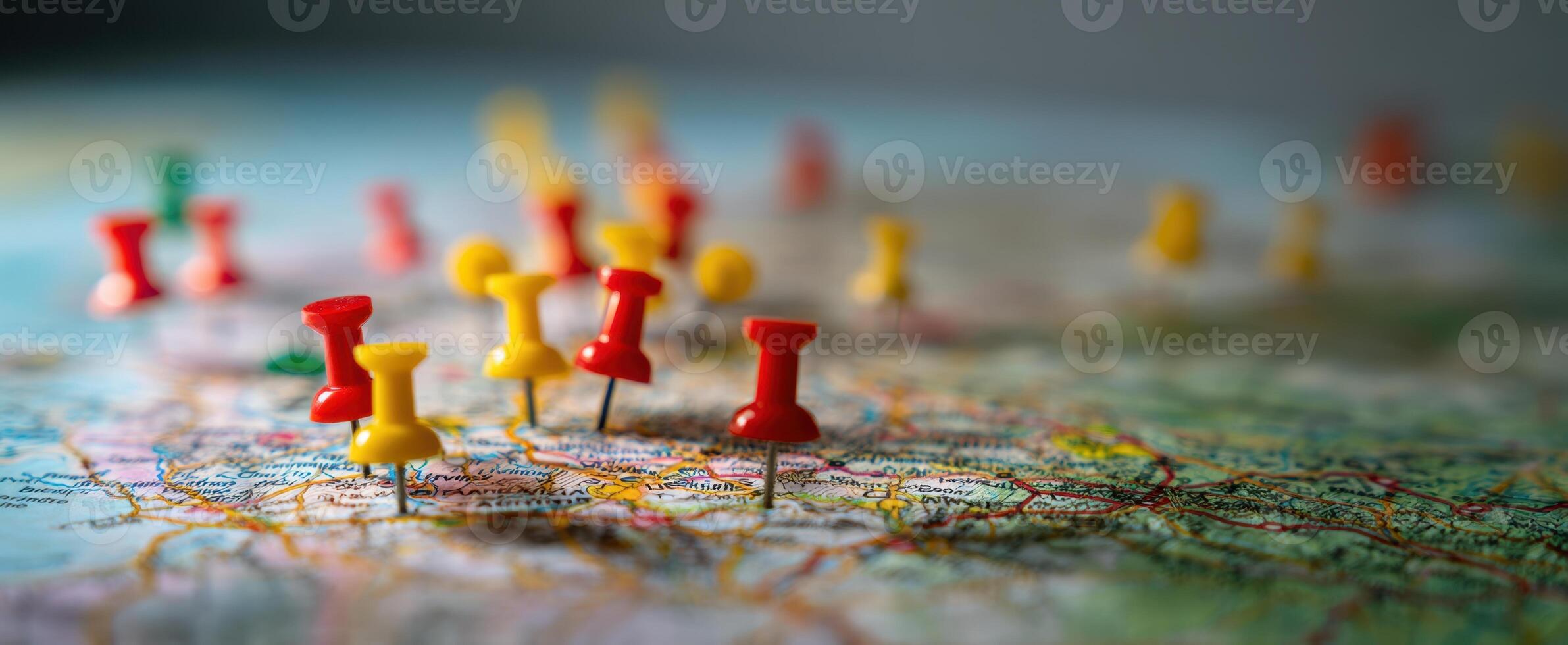 The colorful pins marking locations on a map for exploration and planning. photo