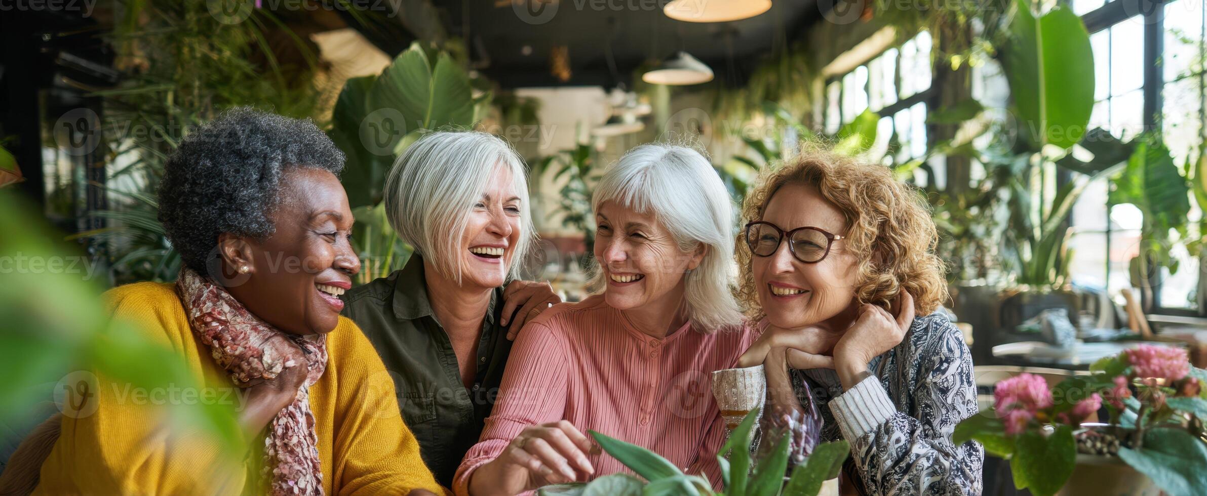 The joyful gathering of diverse women enjoying a moment in a vibrant cafe. photo