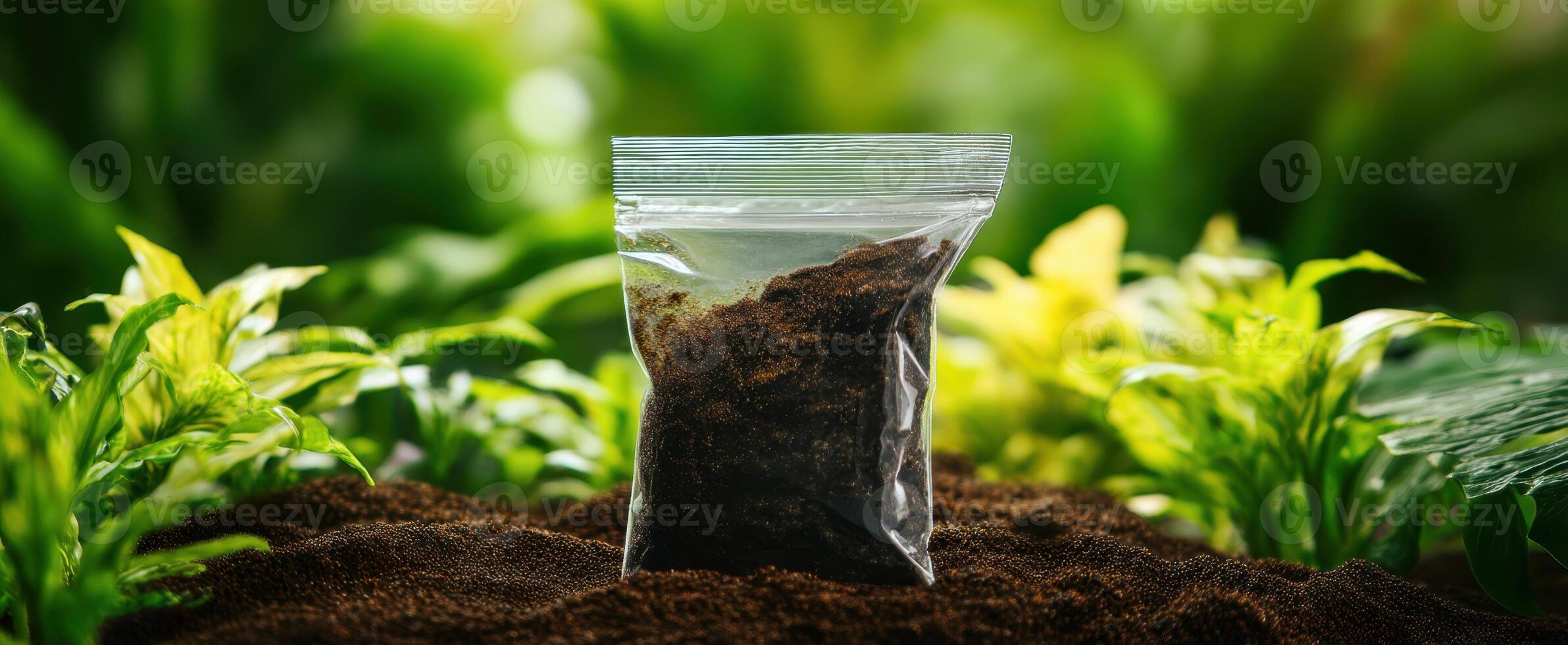 The transparent bag of soil surrounded by vibrant green foliage. photo