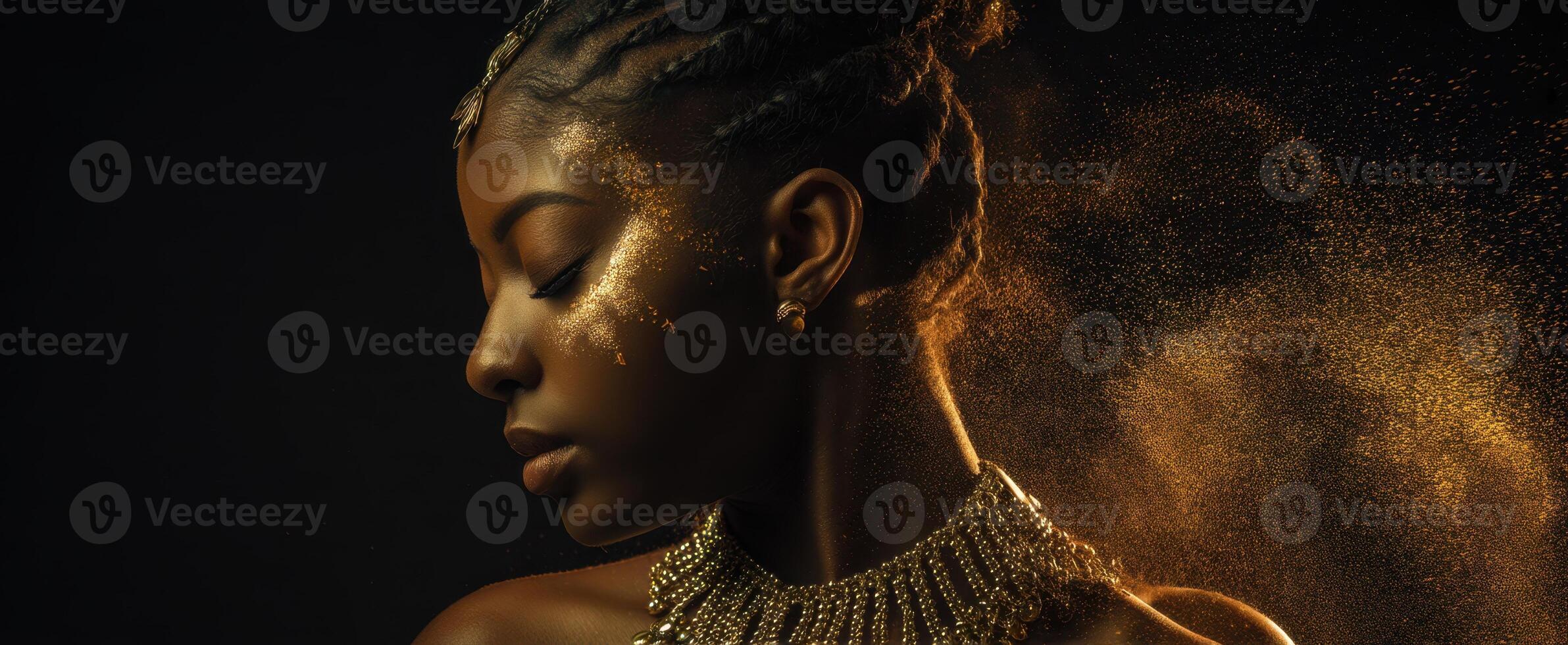 The elegant model adorned with gold in a stunning portrait setting. photo
