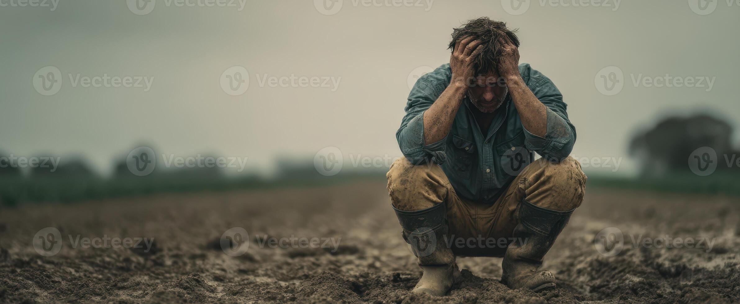 The farmer experiencing emotional struggle in an empty field. photo