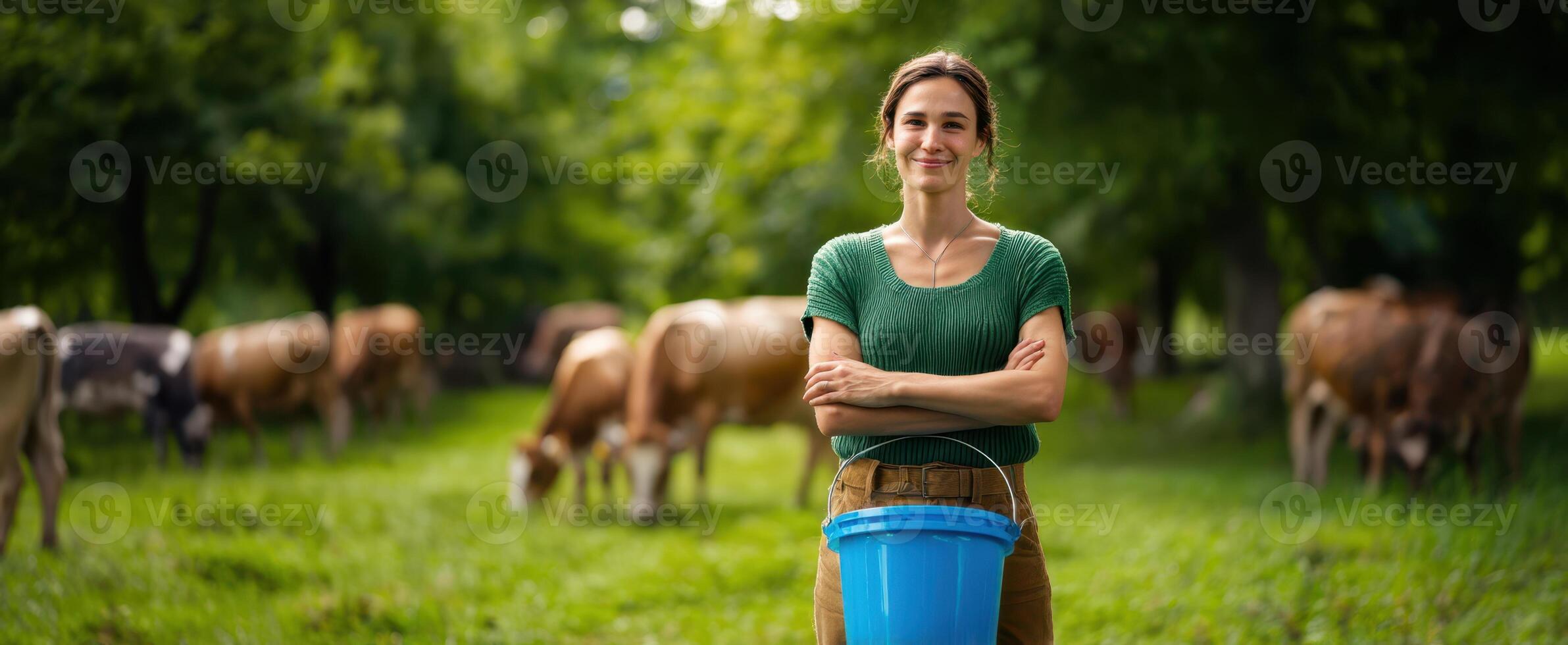 The smiling woman with a bucket in a lush green farm setting photo