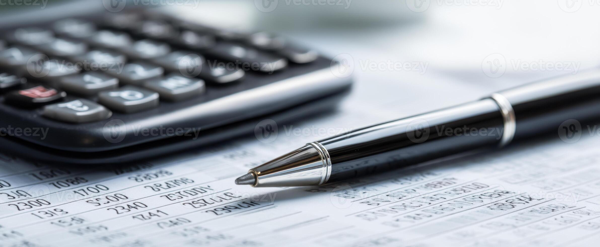 The calculator and pen on financial documents for business analysis photo