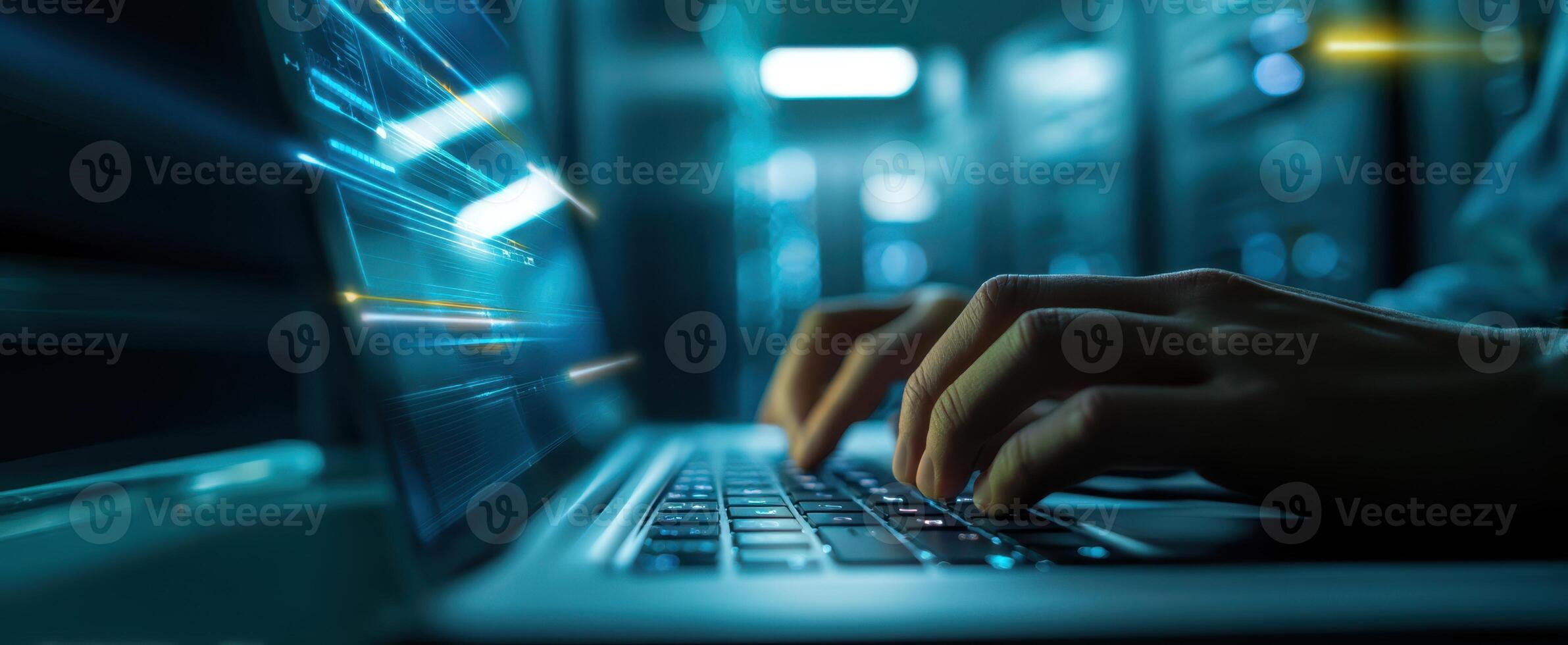 The laptop and hands working in a server environment with digital effects. photo