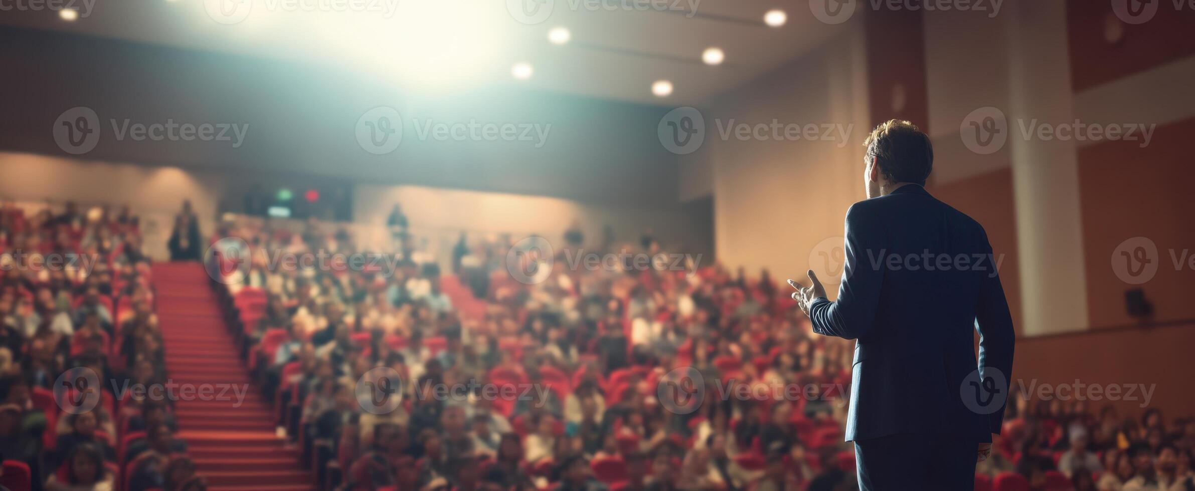 The speaker captivating an audience during a motivational conference session. photo
