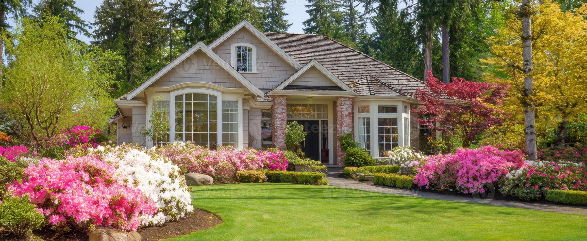 The charming house surrounded by vibrant azalea flowers in a tranquil garden. photo