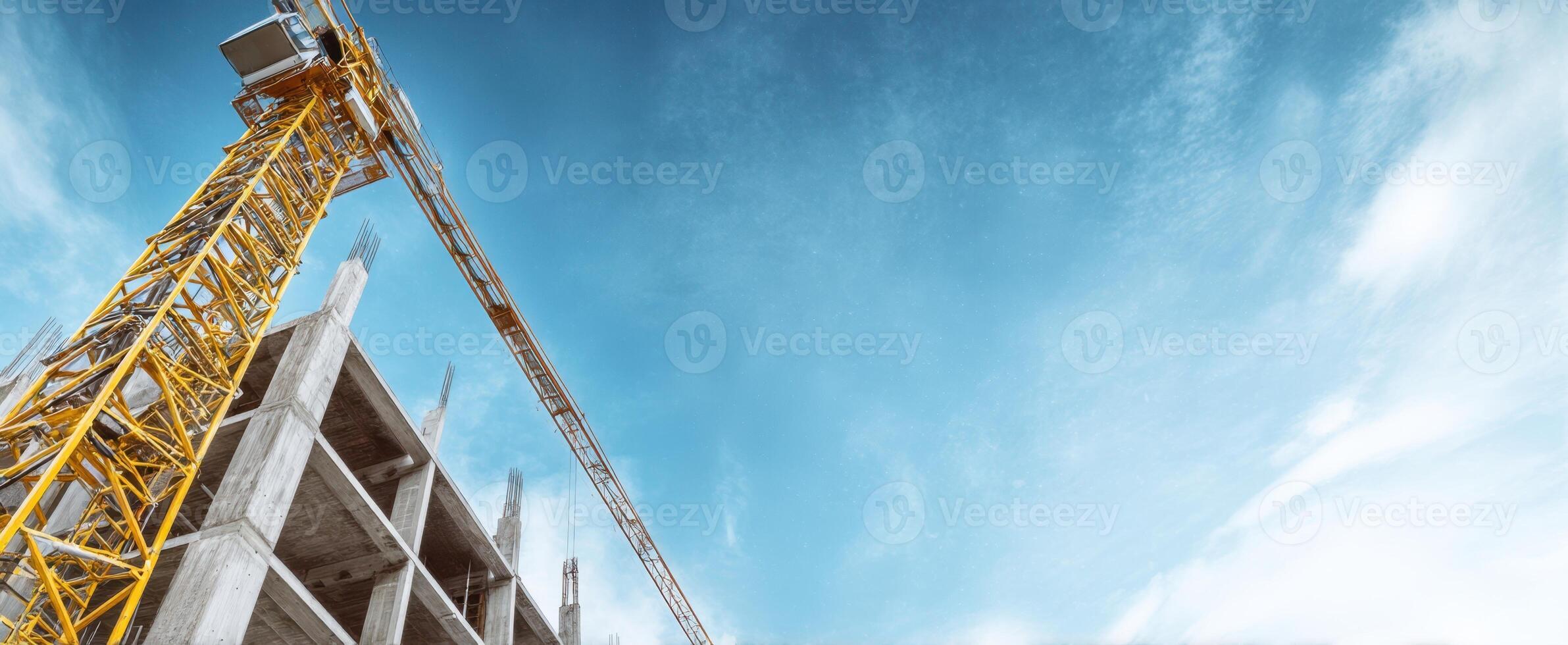 The construction crane towering over a developing urban building site against a bright sky. photo