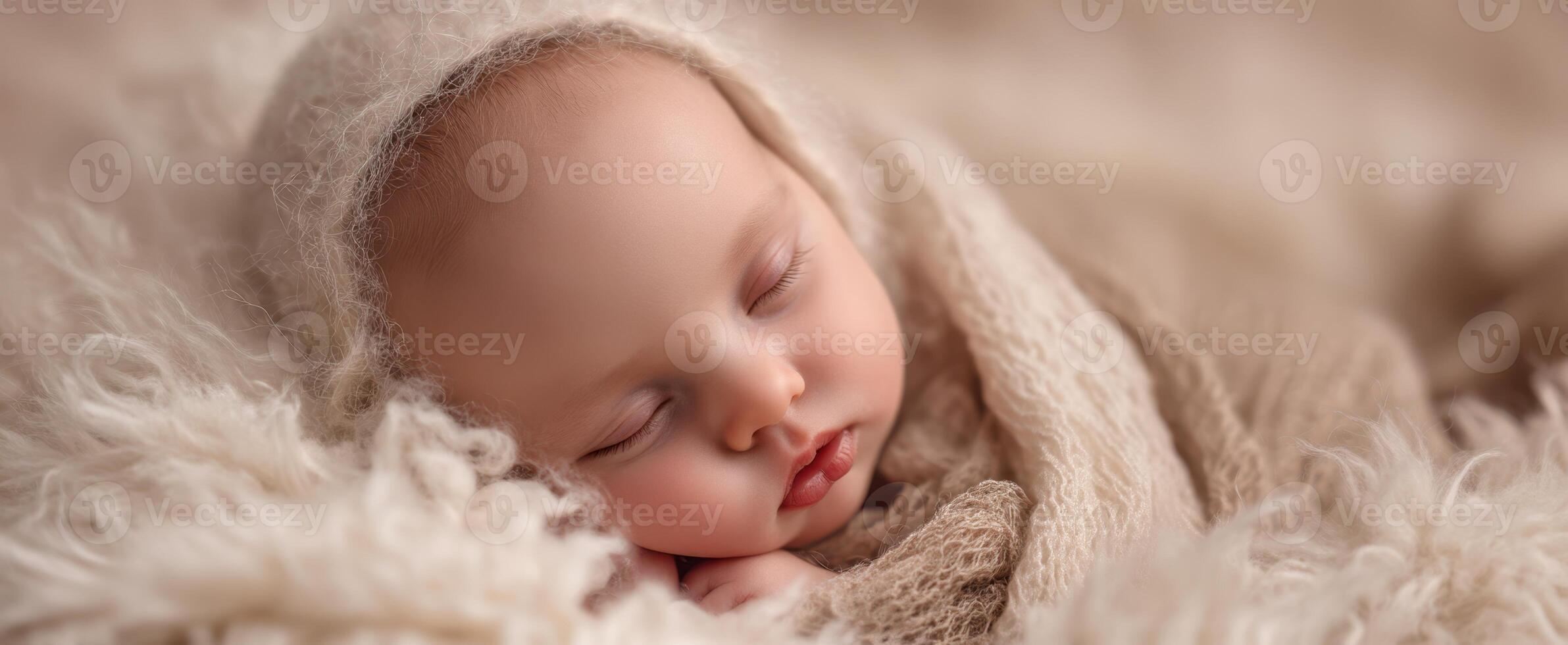 The peaceful sleeping baby wrapped in soft natural textures. photo