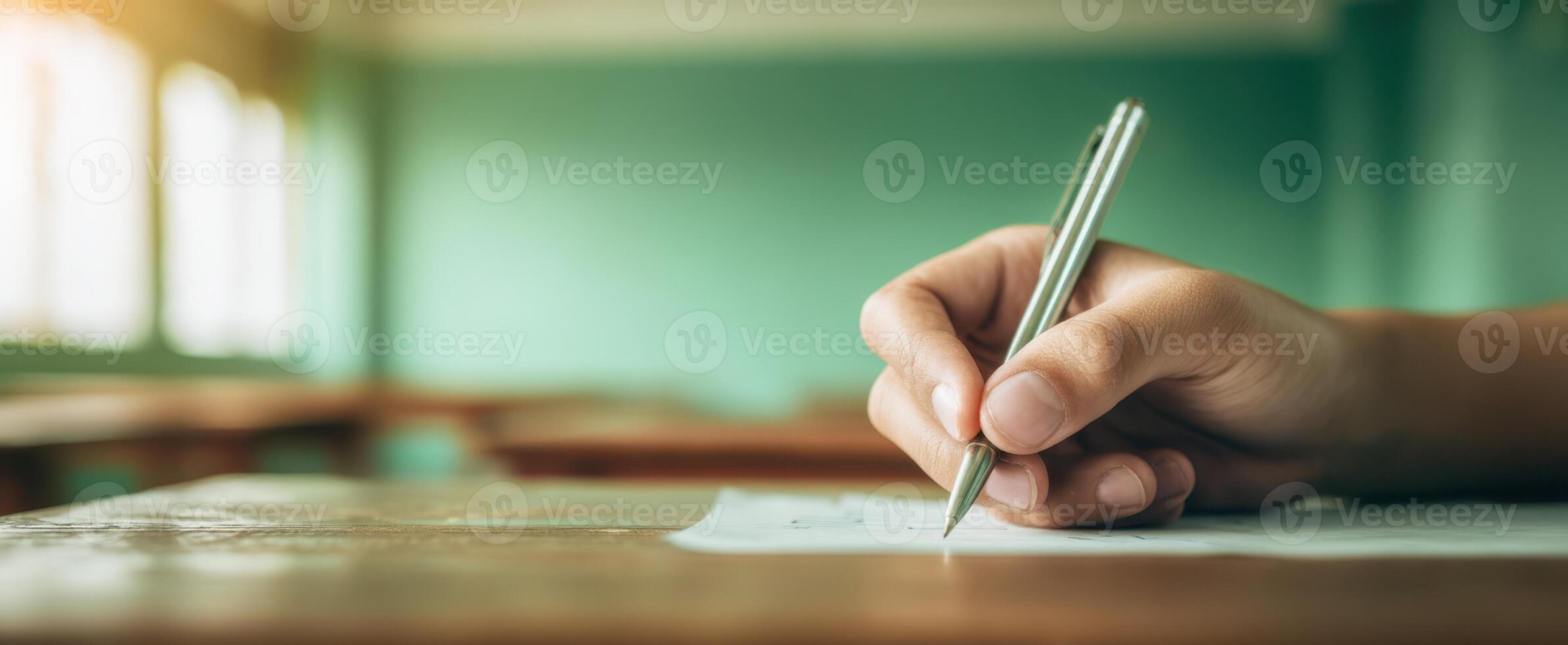 The hand writing notes on a blank paper in an educational setting. photo