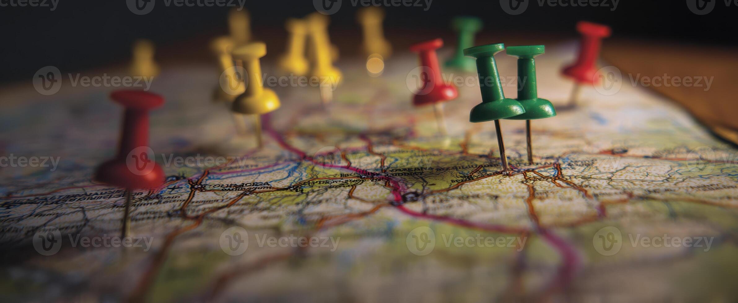 The vibrant pushpins marking locations on a detailed geographical map. photo