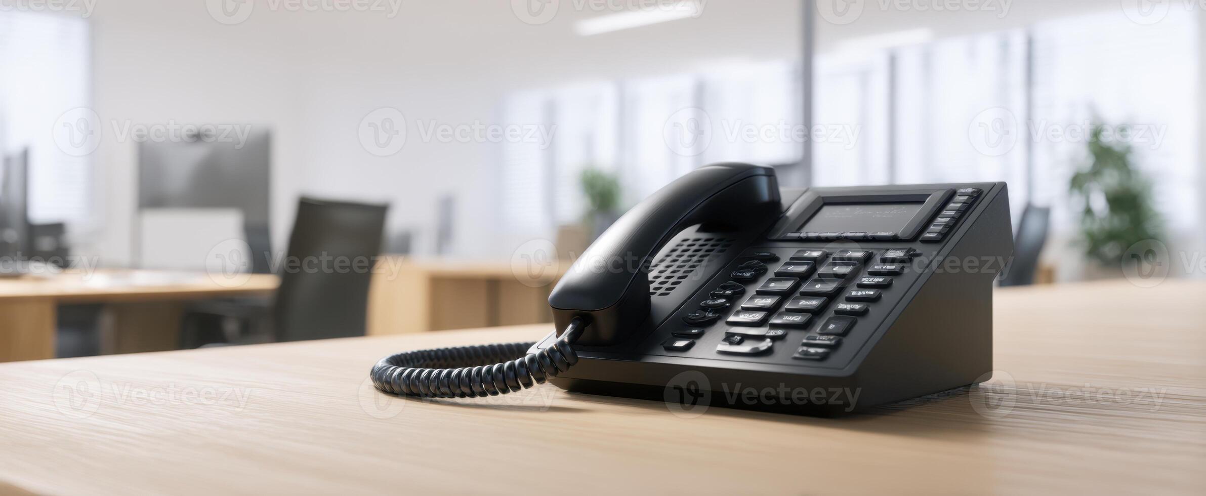 The sleek black telephone on a modern office desk. photo