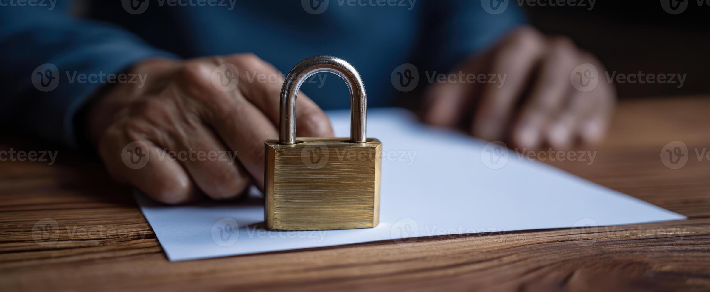 The padlock securing important documents on a wooden desk. photo